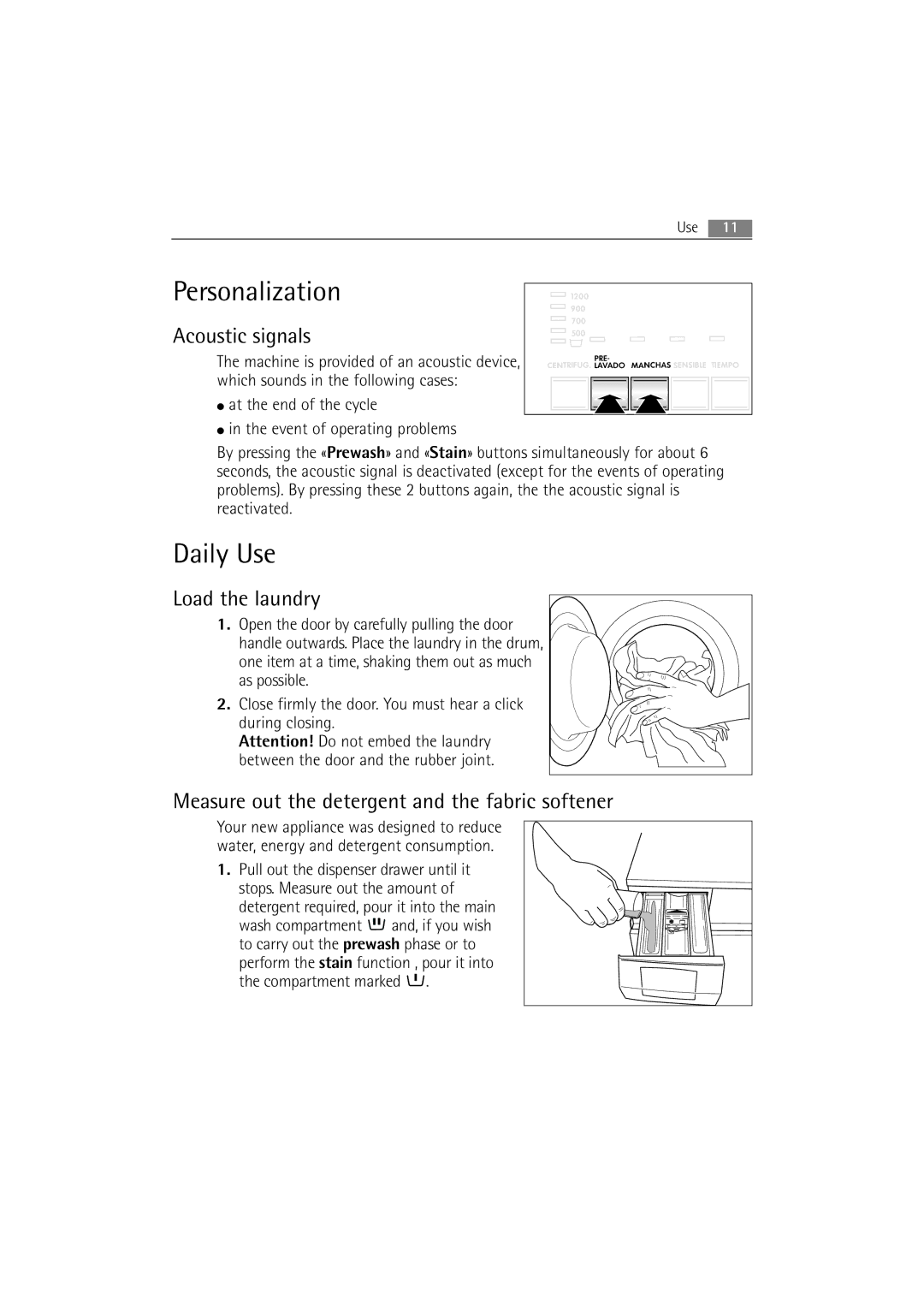 AEG 72640 user manual Personalization, Daily Use, Acoustic signals, Load the laundry 