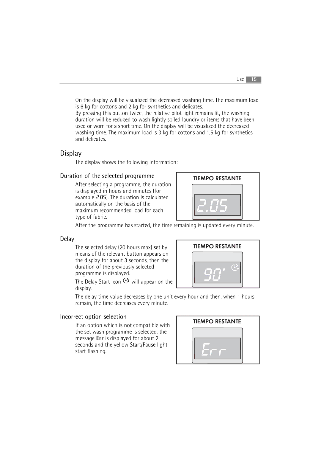 AEG 72640 user manual Display shows the following information, Delay Start icon will appear on the display 