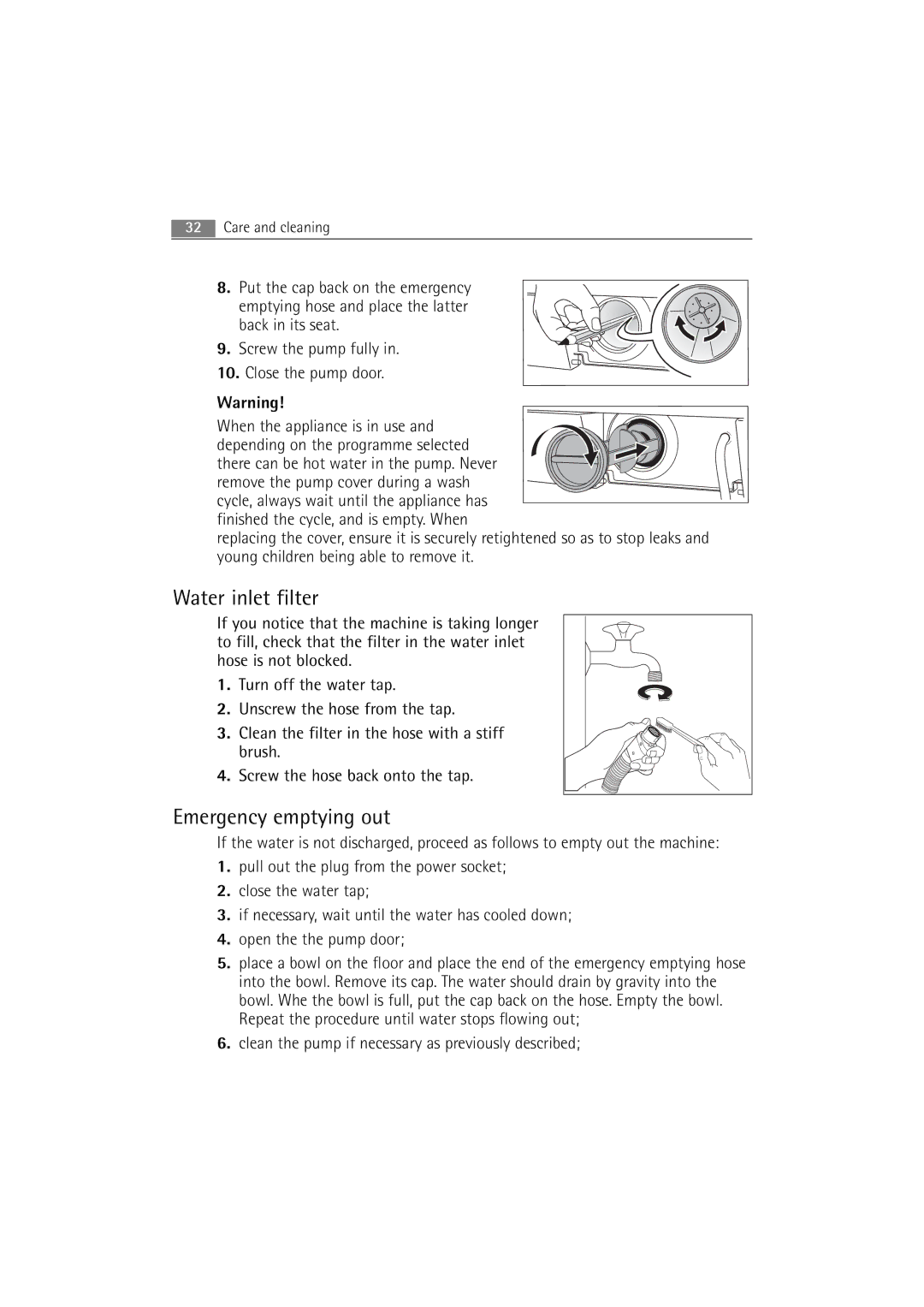 AEG 72640 user manual Water inlet filter, Emergency emptying out, Clean the pump if necessary as previously described 