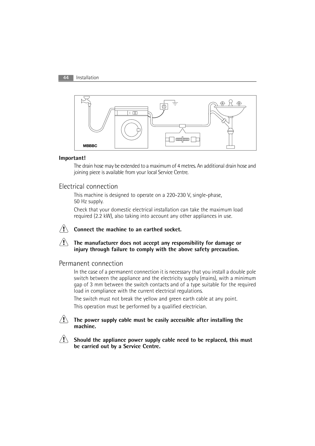 AEG 72640 user manual Electrical connection, Permanent connection 