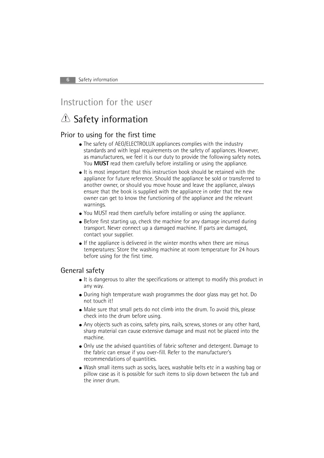 AEG 72640 user manual Safety information, Prior to using for the first time, General safety 