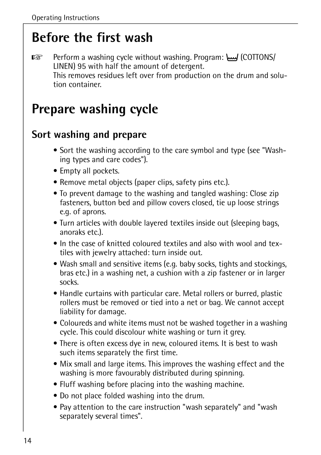 AEG 72640 manual Before the first wash, Prepare washing cycle, Sort washing and prepare 