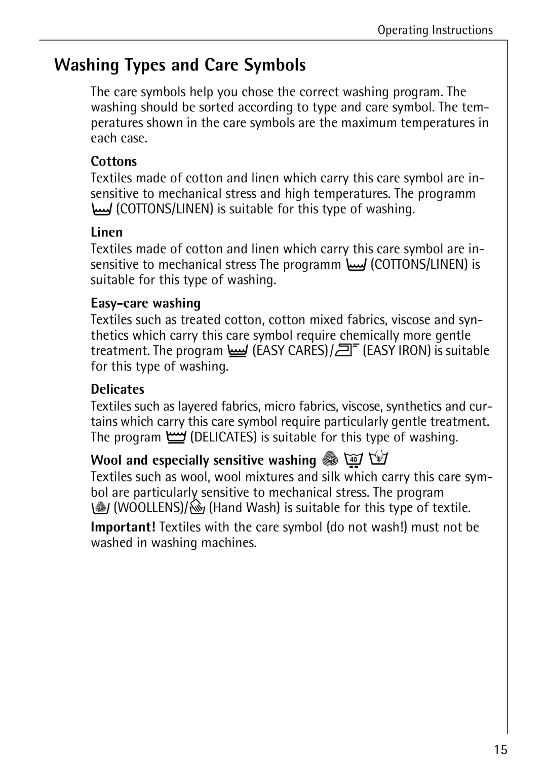 AEG 72640 manual Washing Types and Care Symbols 