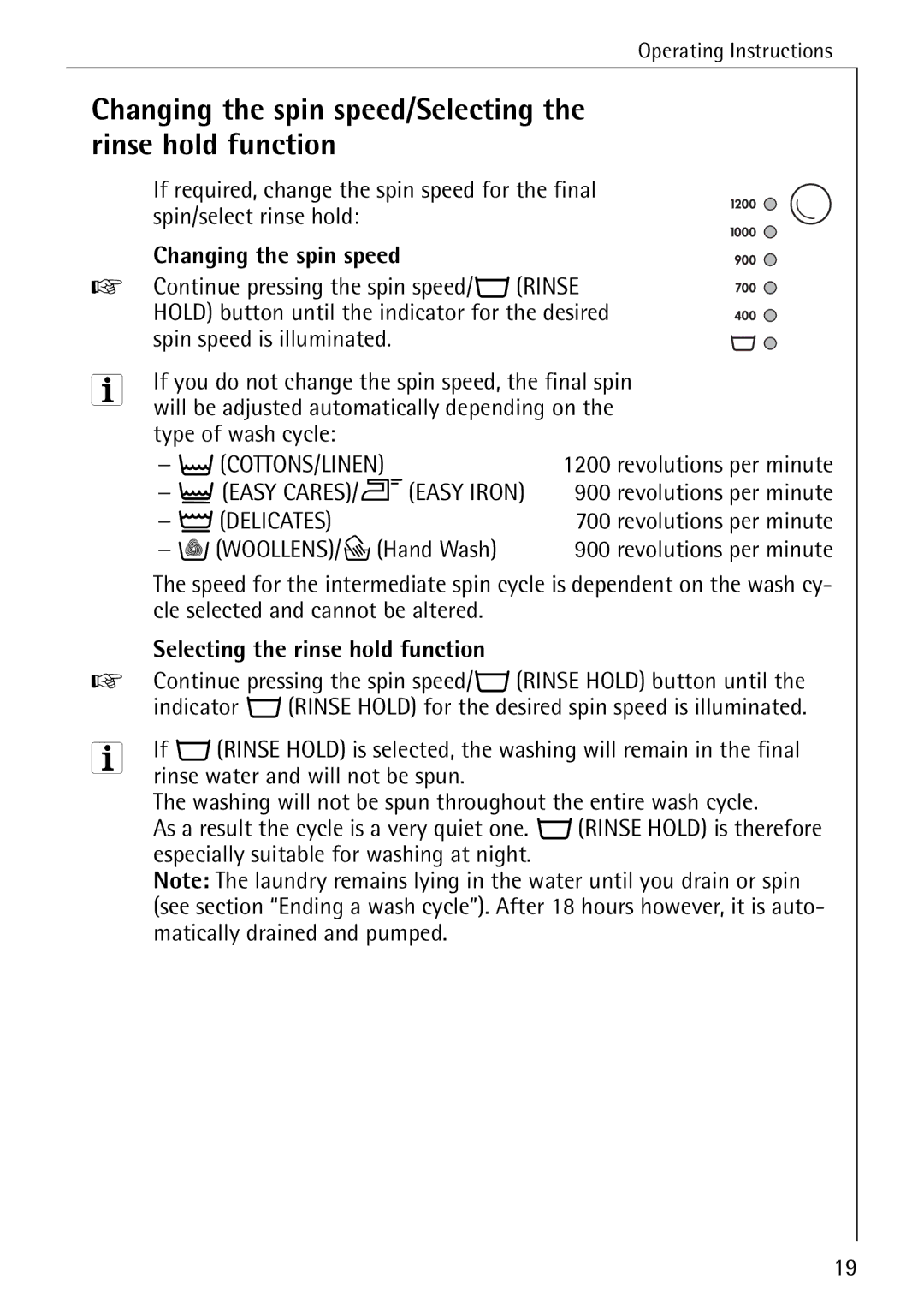 AEG 72640 manual Changing the spin speed/Selecting the rinse hold function 