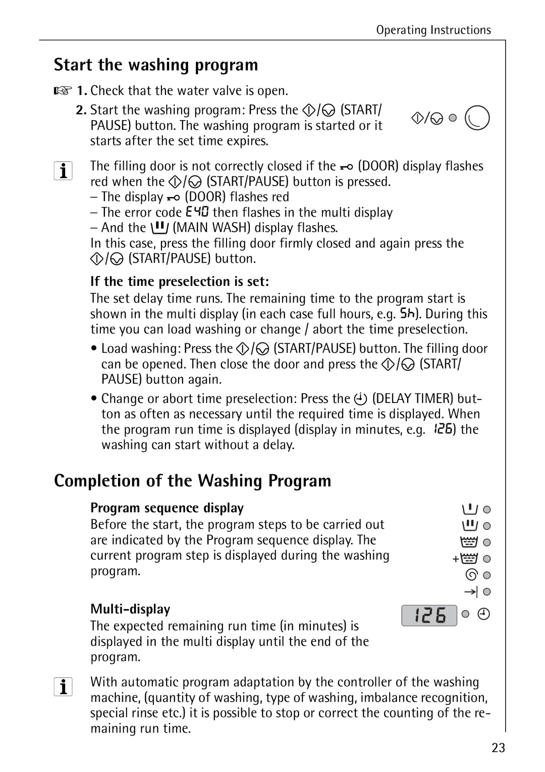 AEG 72640 Start the washing program, Completion of the Washing Program, If the time preselection is set, Multi-display 