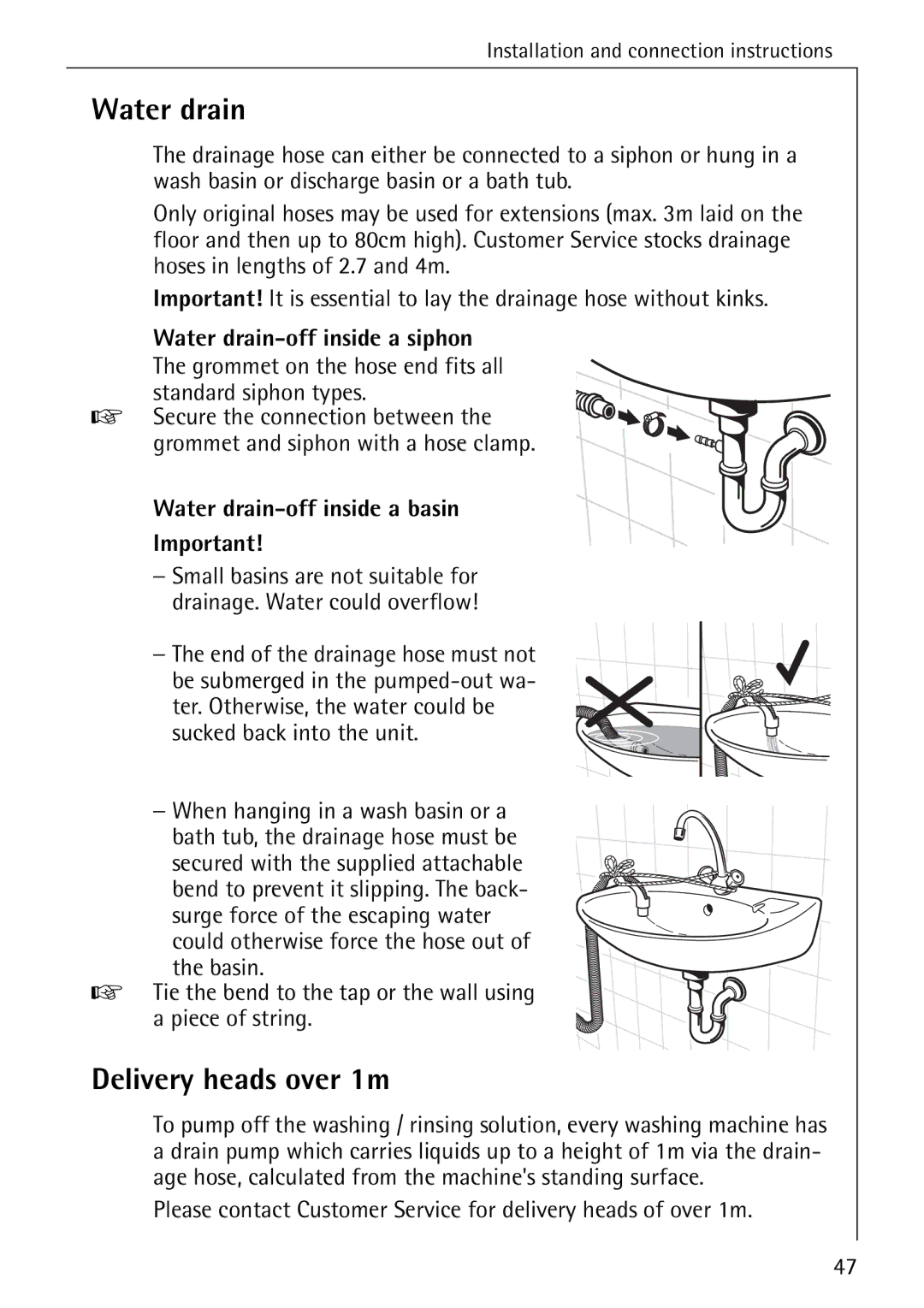 AEG 72640 manual Delivery heads over 1m, Water drain-off inside a siphon, Water drain-off inside a basin 