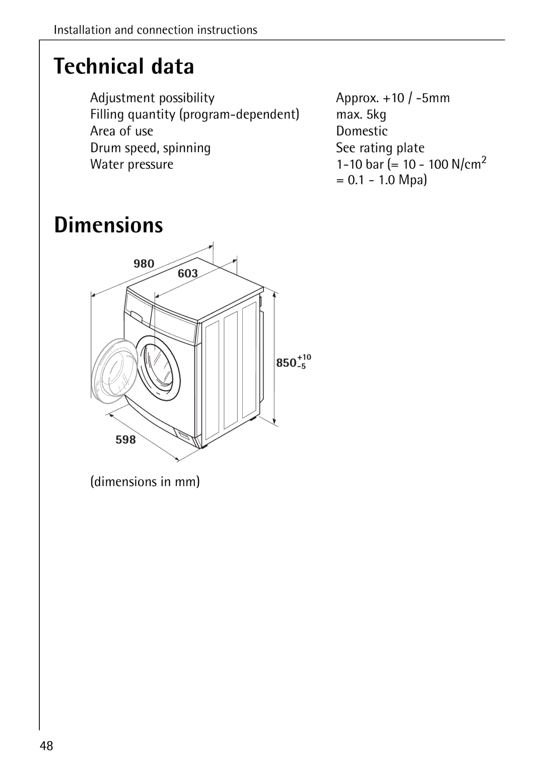 AEG 72640 manual Technical data, = 0.1 1.0 Mpa, Dimensions in mm 