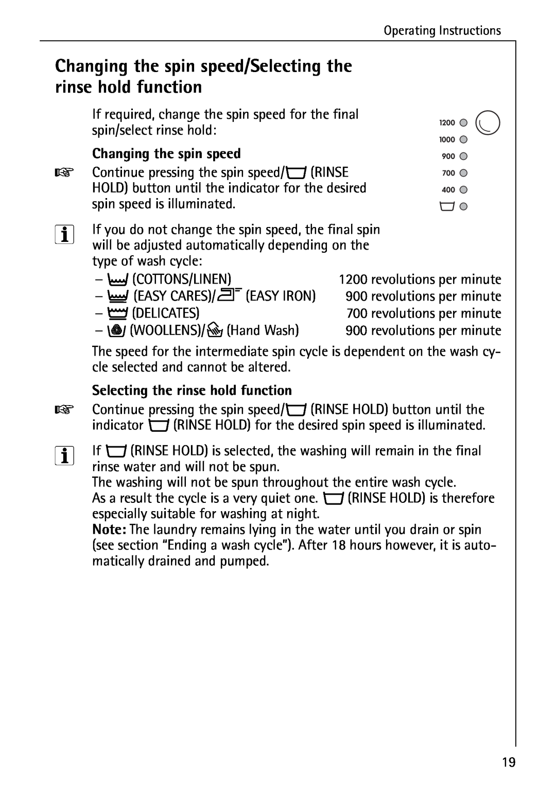 AEG 72640 manual Changing the spin speed/Selecting the rinse hold function 