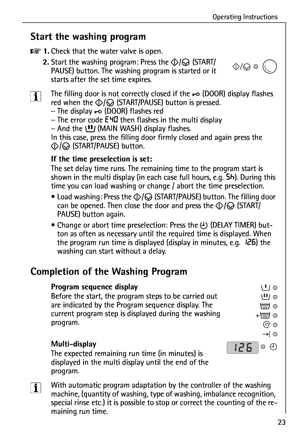 AEG 72640 Start the washing program, Completion of the Washing Program, If the time preselection is set, Multi-display 
