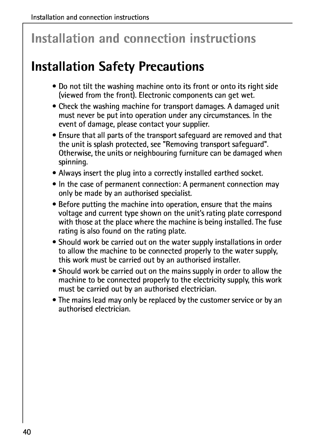 AEG 72640 manual Installation and connection instructions, Installation Safety Precautions 