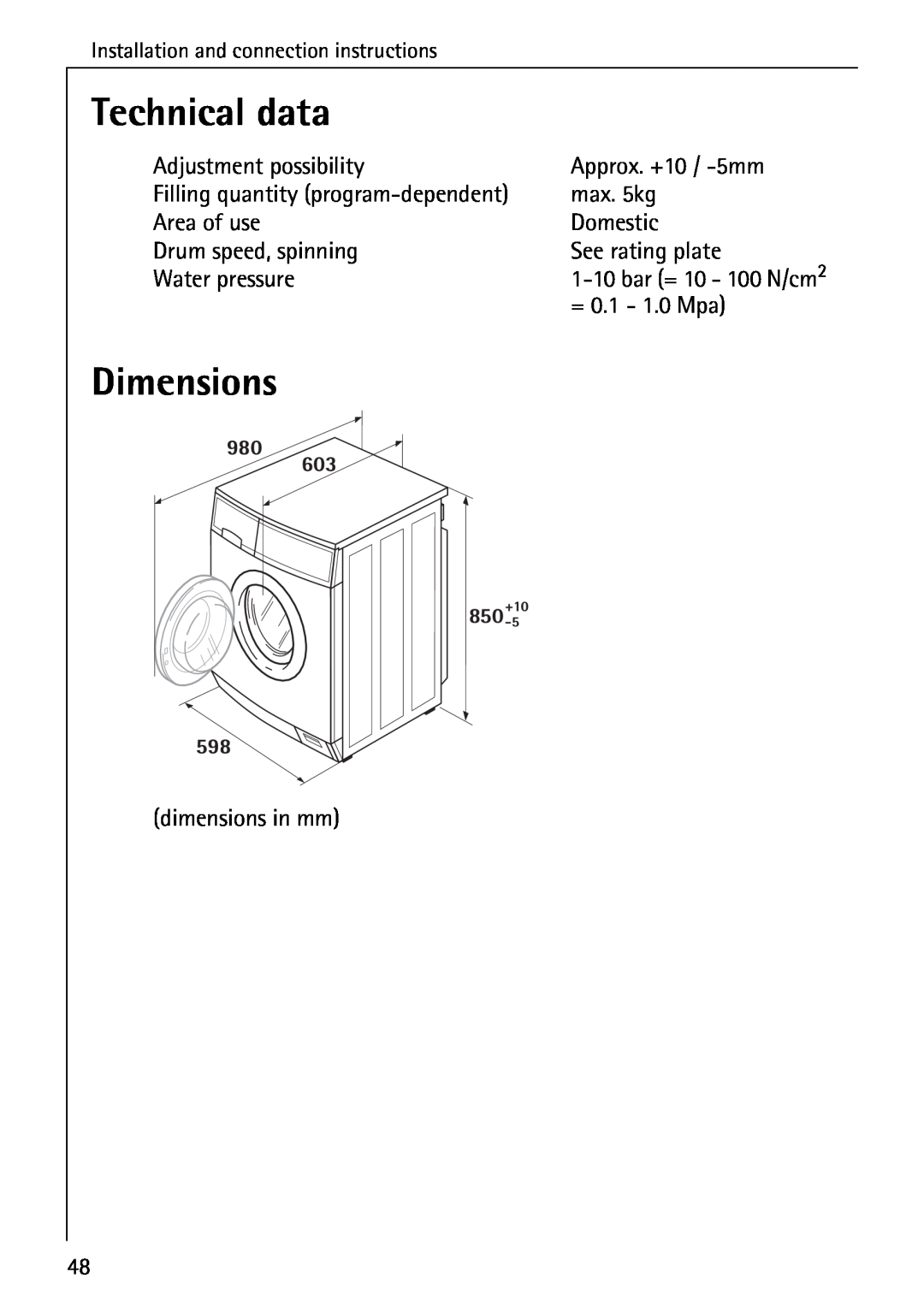 AEG 72640 manual Technical data, Dimensions 