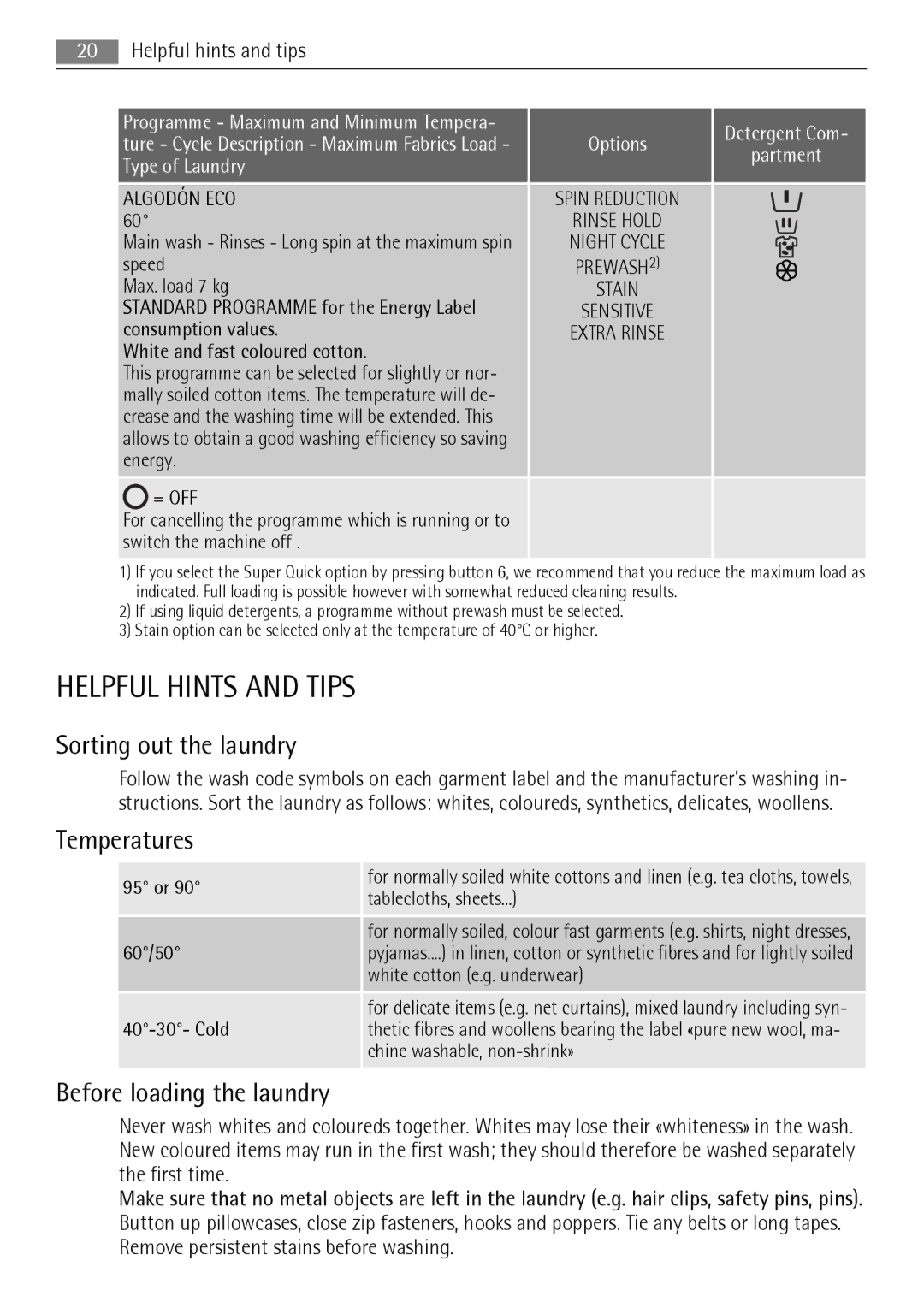 AEG 72850 user manual Helpful Hints and Tips, Sorting out the laundry, Temperatures, Before loading the laundry 