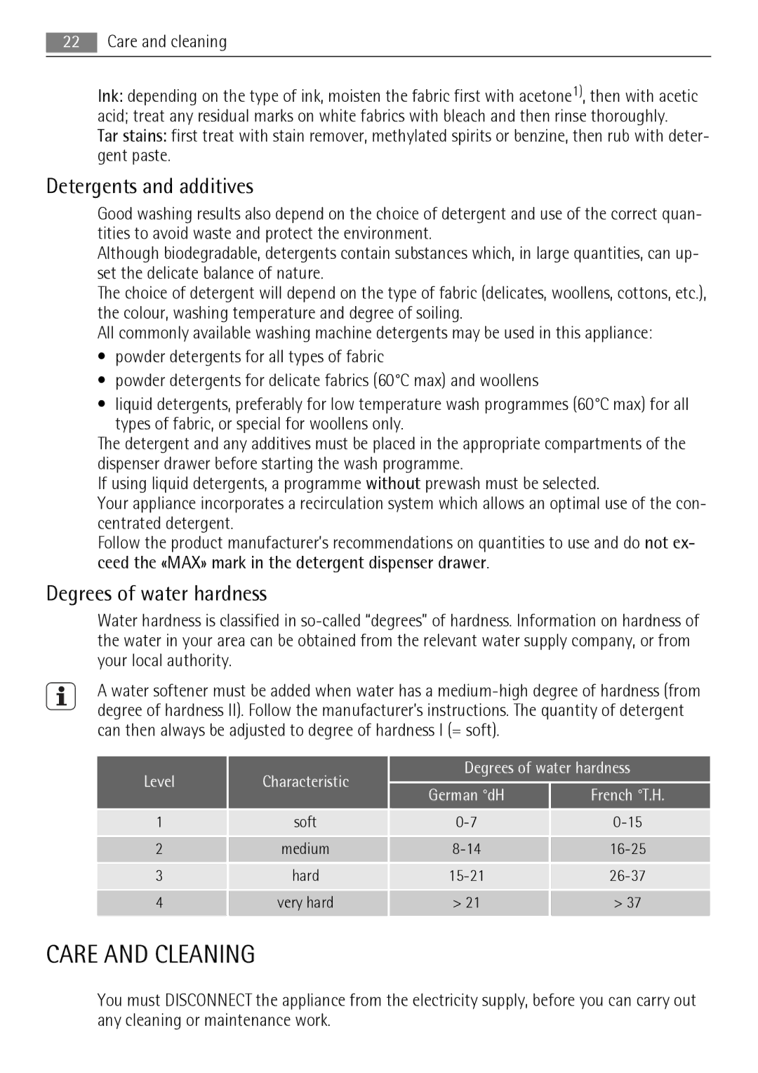 AEG 72850 user manual Care and Cleaning, Detergents and additives, Degrees of water hardness 