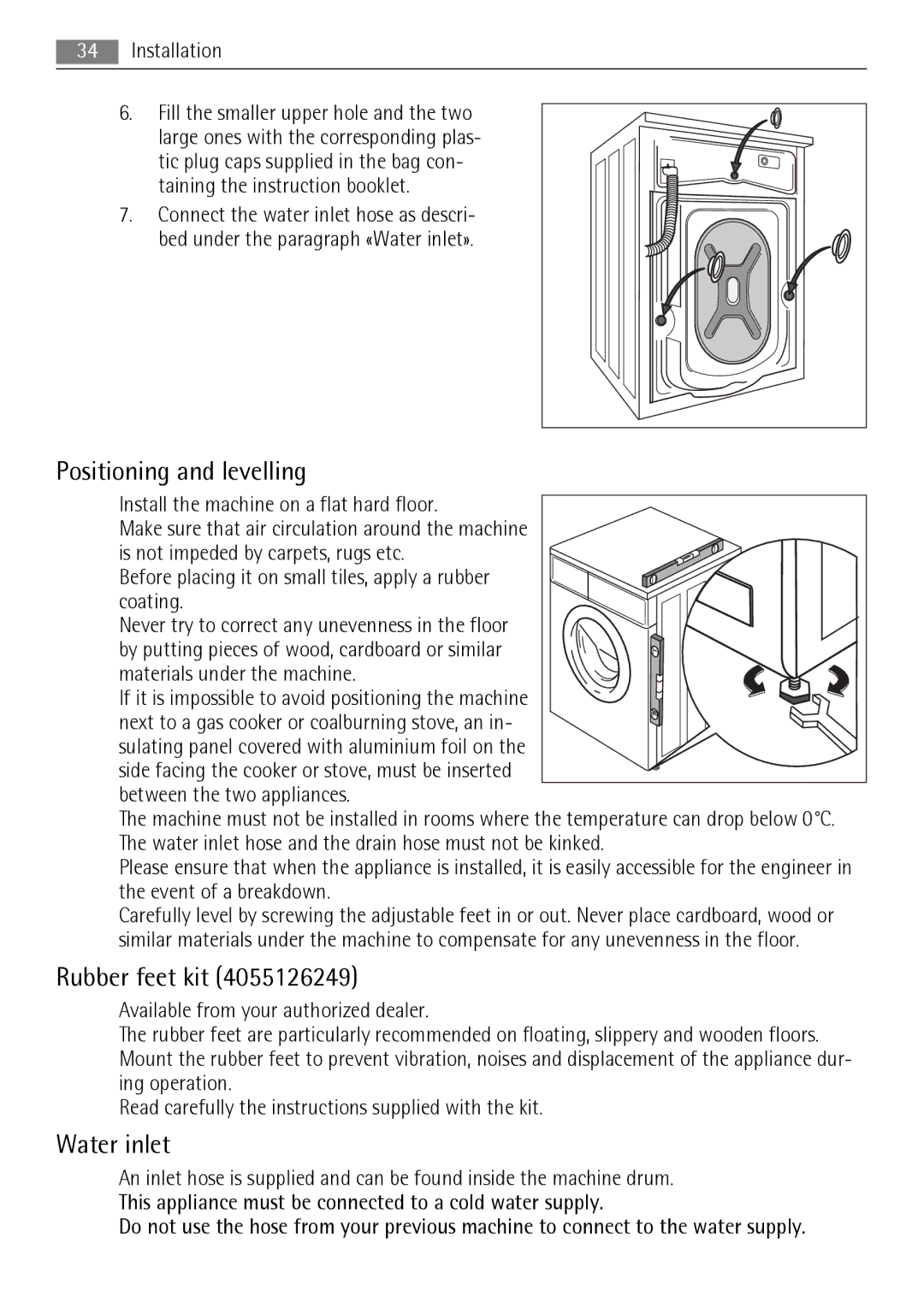 AEG 72850 user manual Positioning and levelling, Rubber feet kit, Water inlet 