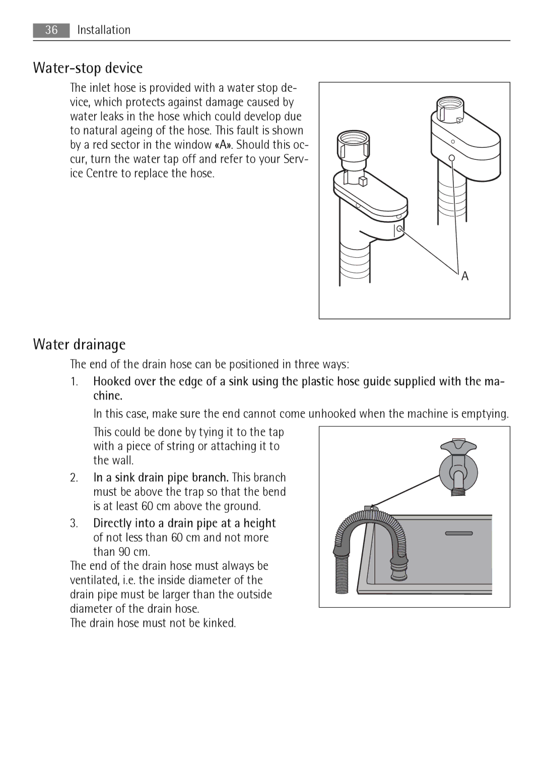 AEG 72850 user manual Water-stop device, Water drainage 