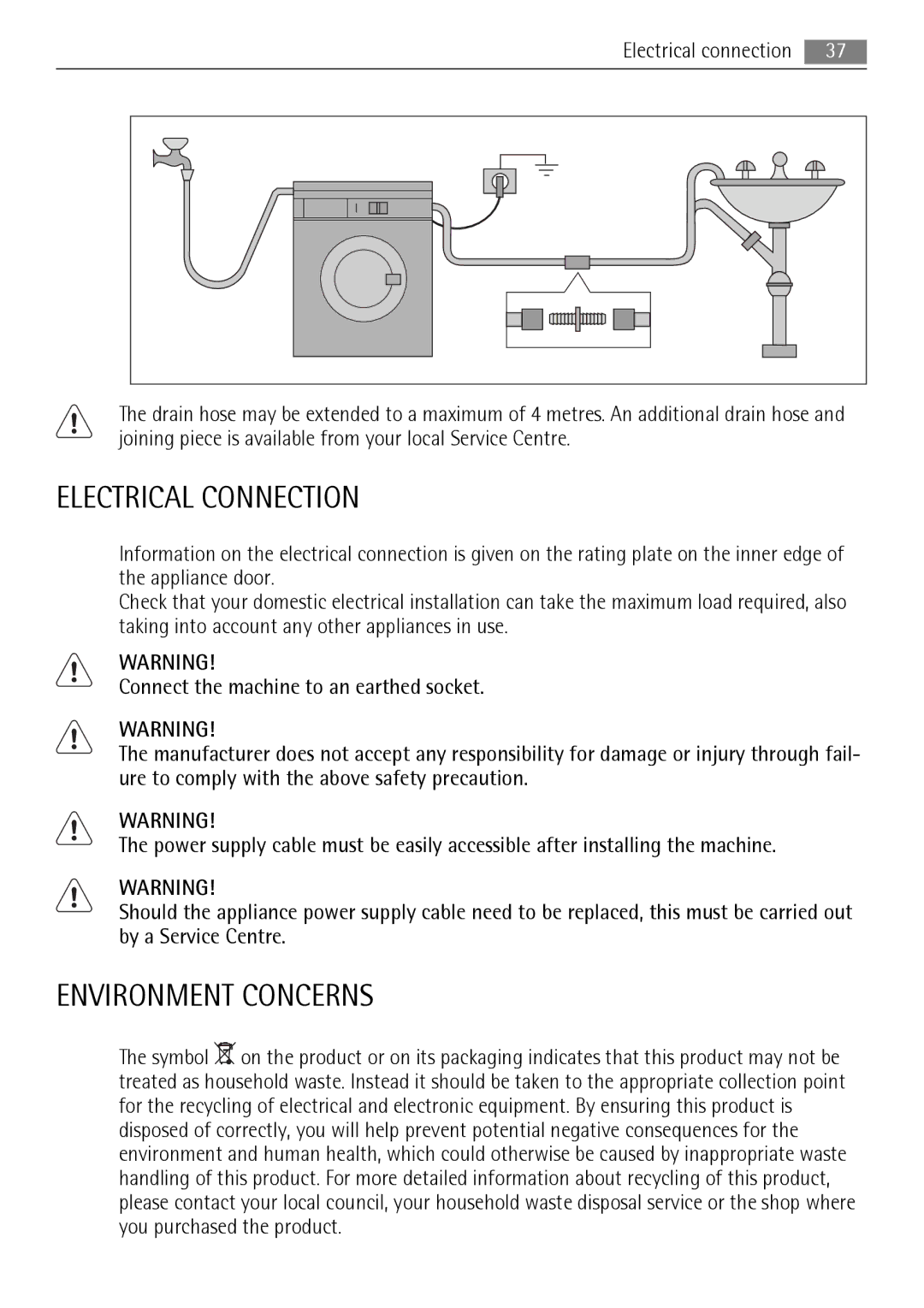 AEG 72850 user manual Electrical Connection, Environment Concerns 