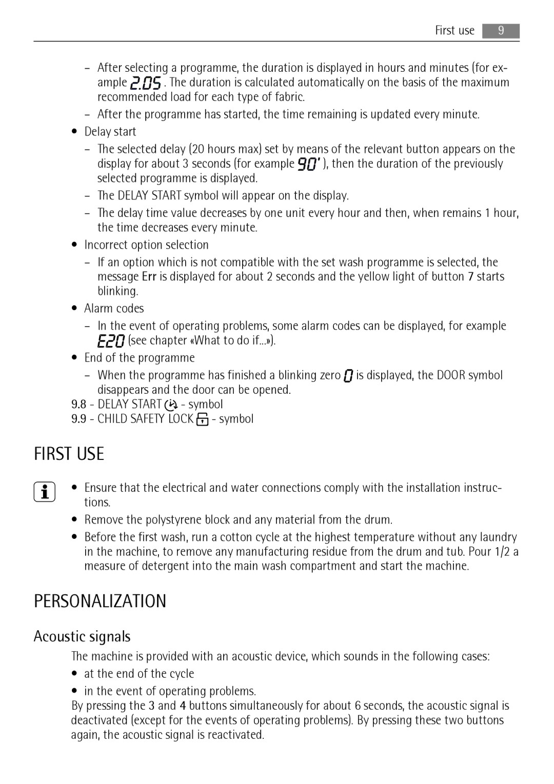 AEG 72850 user manual First USE, Personalization, Acoustic signals 