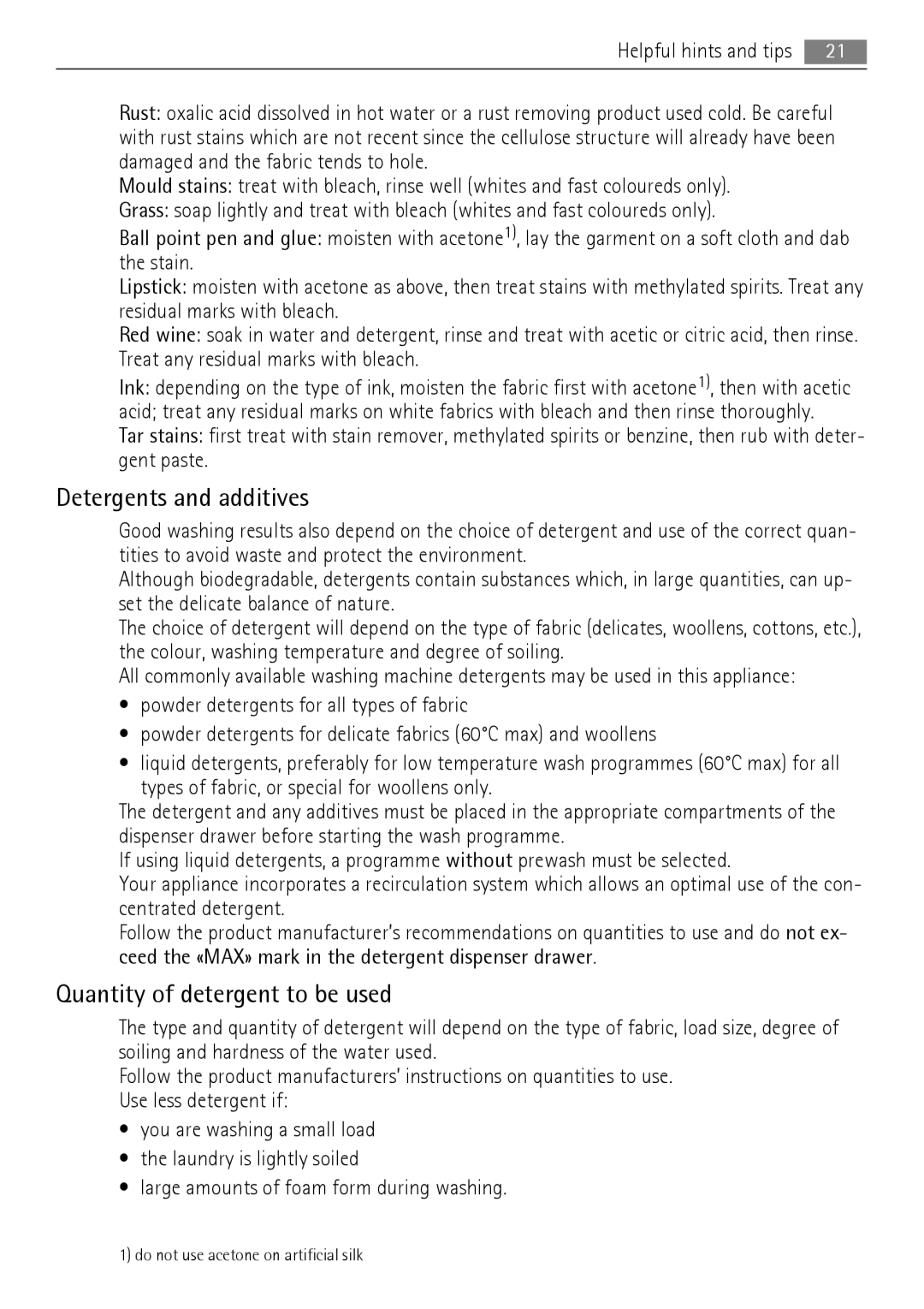 AEG 73742 user manual Detergents and additives, Quantity of detergent to be used 