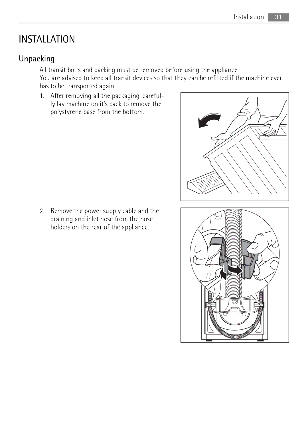 AEG 73742 user manual Installation, Unpacking 