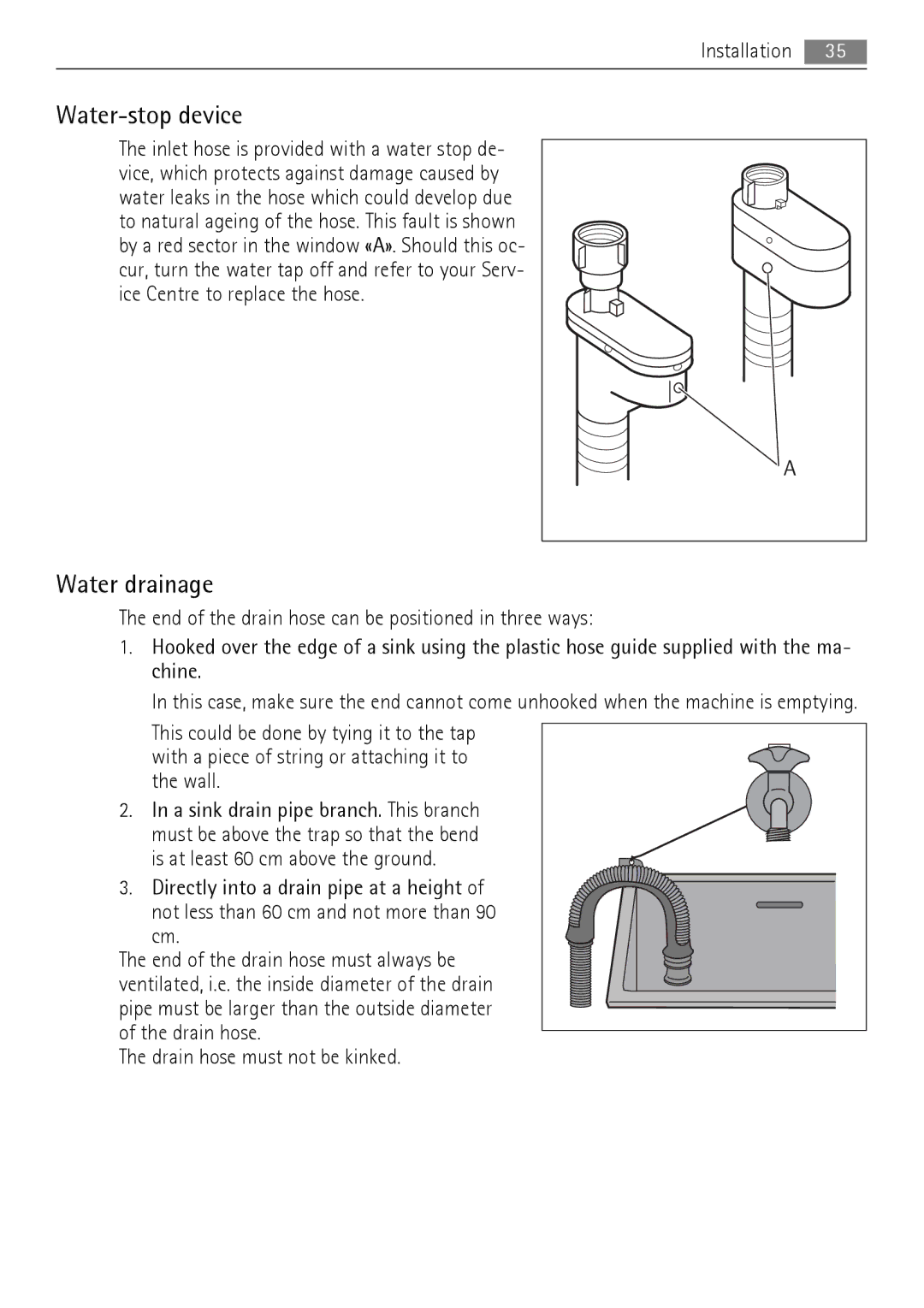 AEG 73742 user manual Water-stop device, Water drainage 