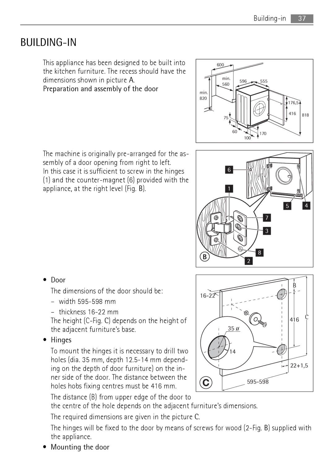 AEG 73742 user manual Building-In, Preparation and assembly of the door 