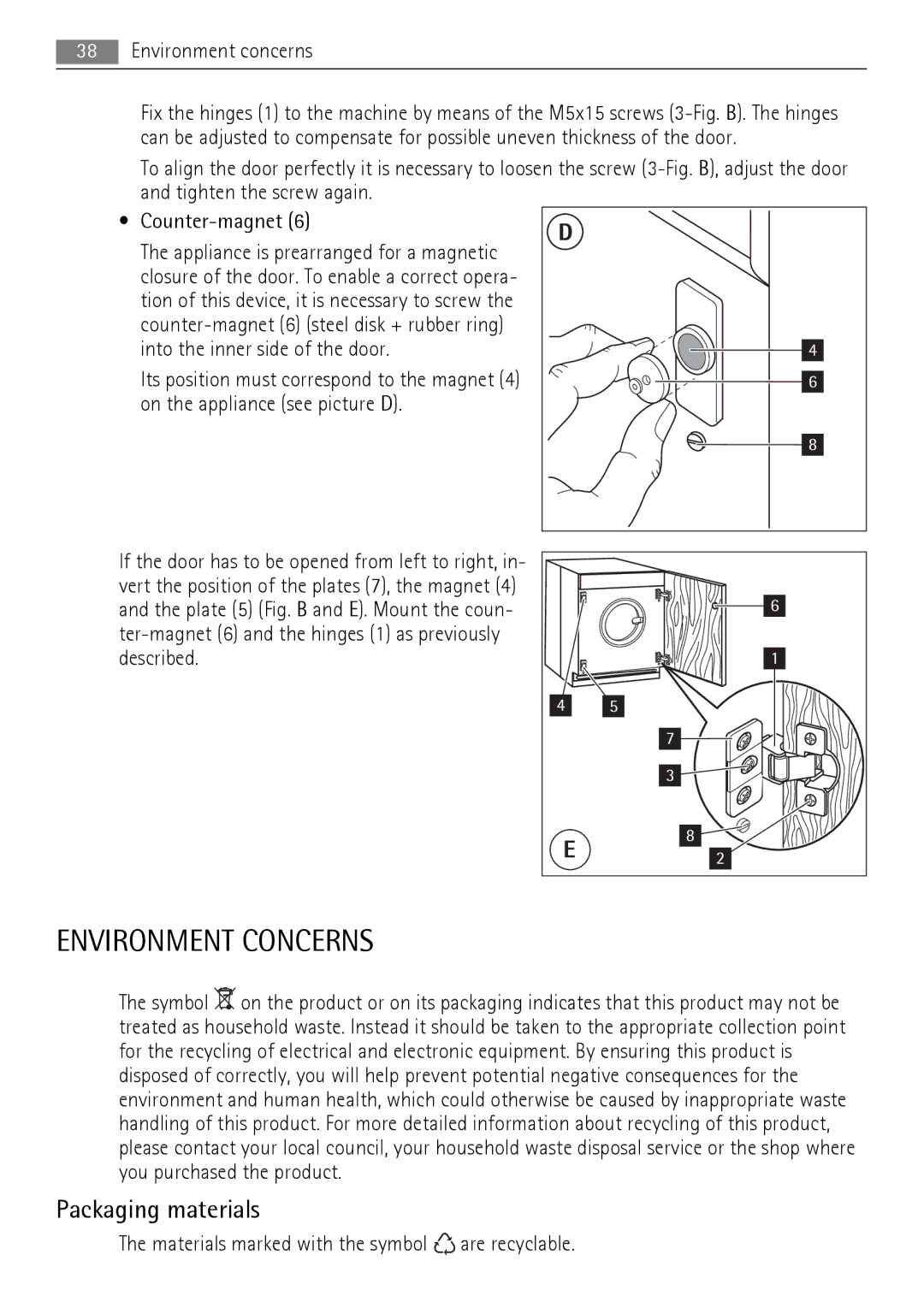 AEG 73742 user manual Environment Concerns, Packaging materials 