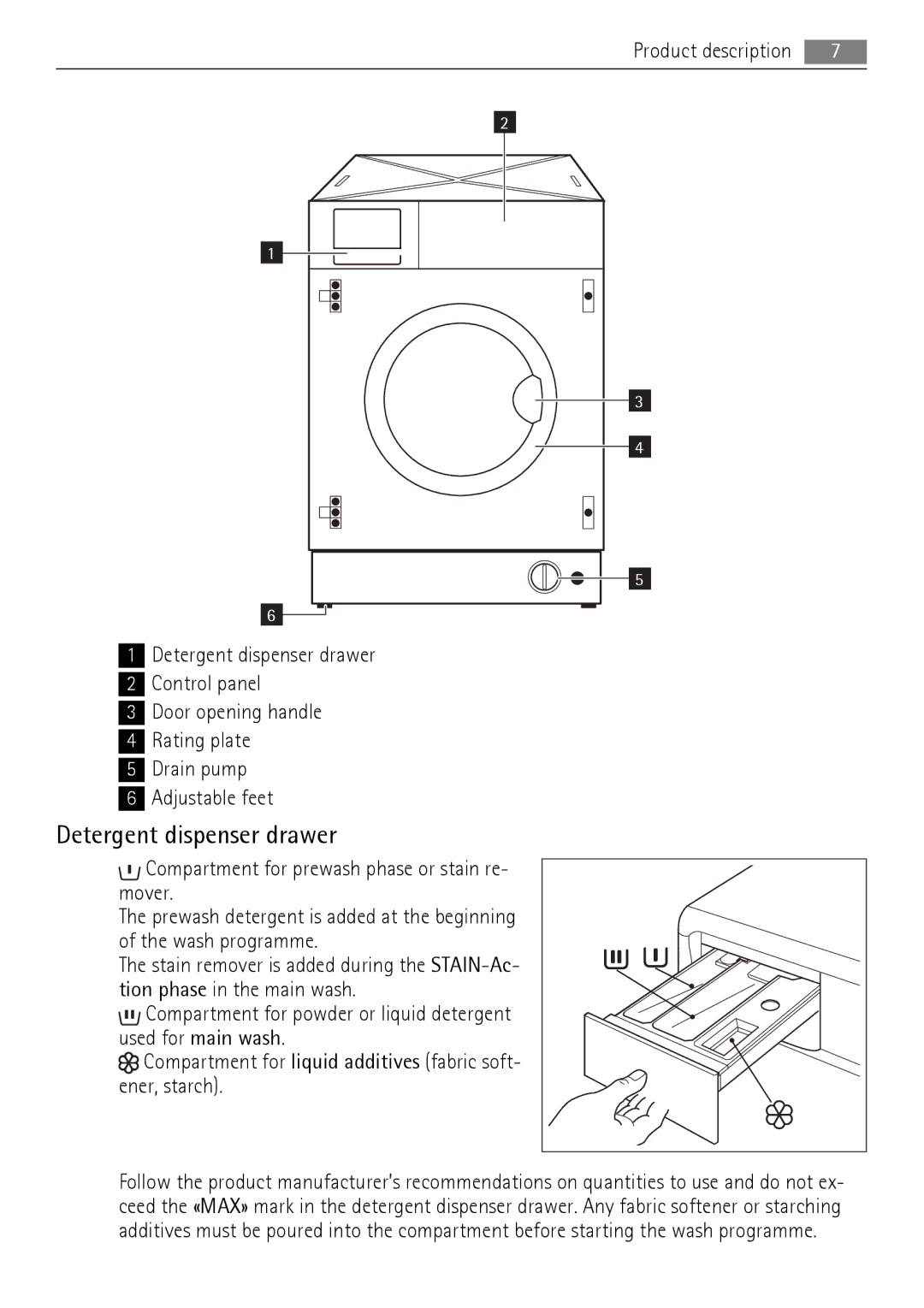 AEG 73742 user manual Detergent dispenser drawer 