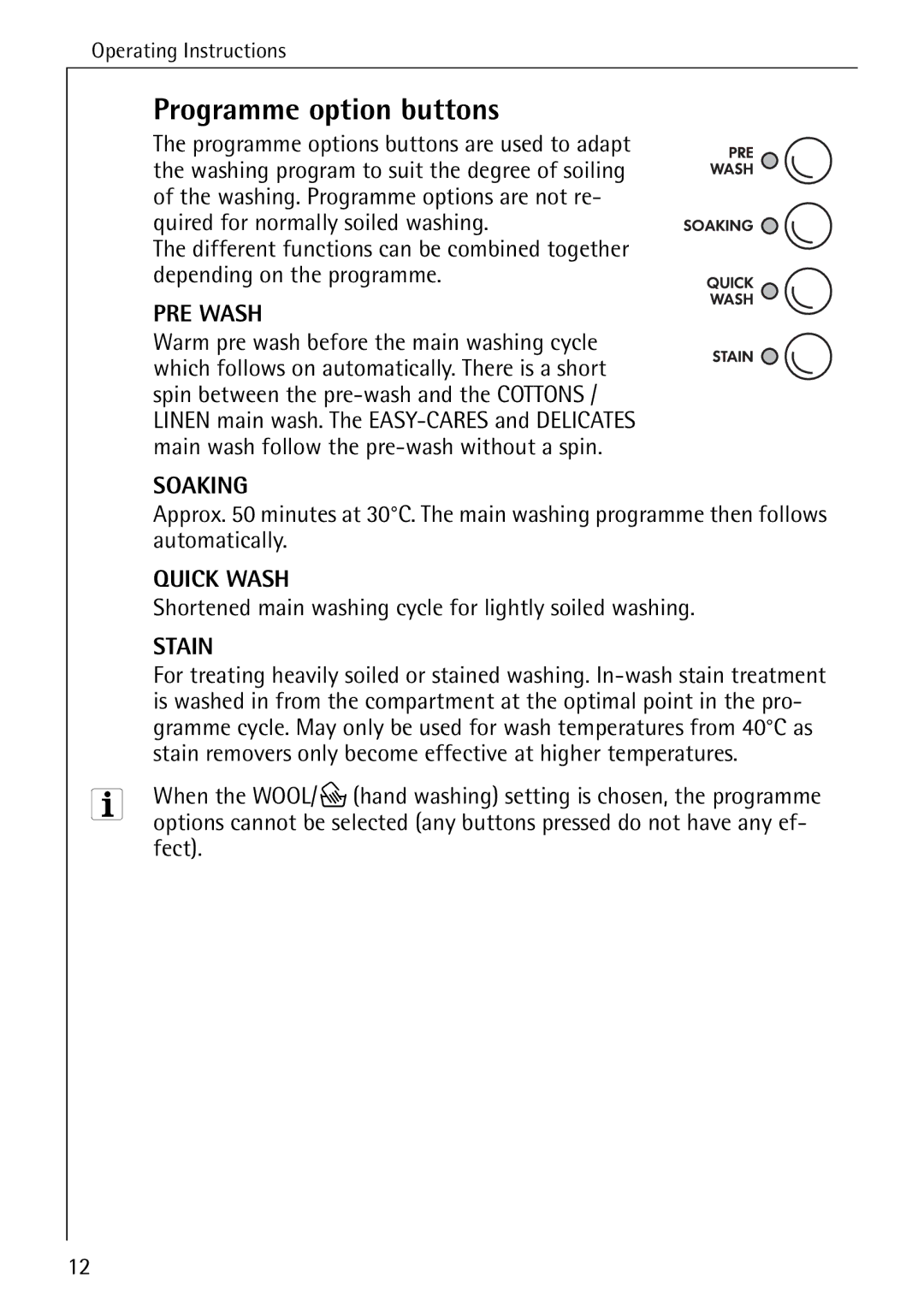 AEG 74335 manual Programme option buttons, Shortened main washing cycle for lightly soiled washing, Fect 