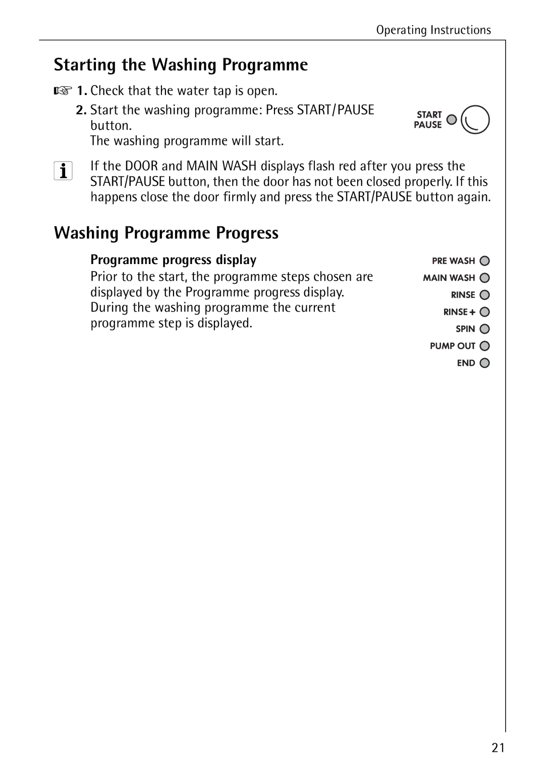 AEG 74335 manual Starting the Washing Programme, Washing Programme Progress, Programme progress display 