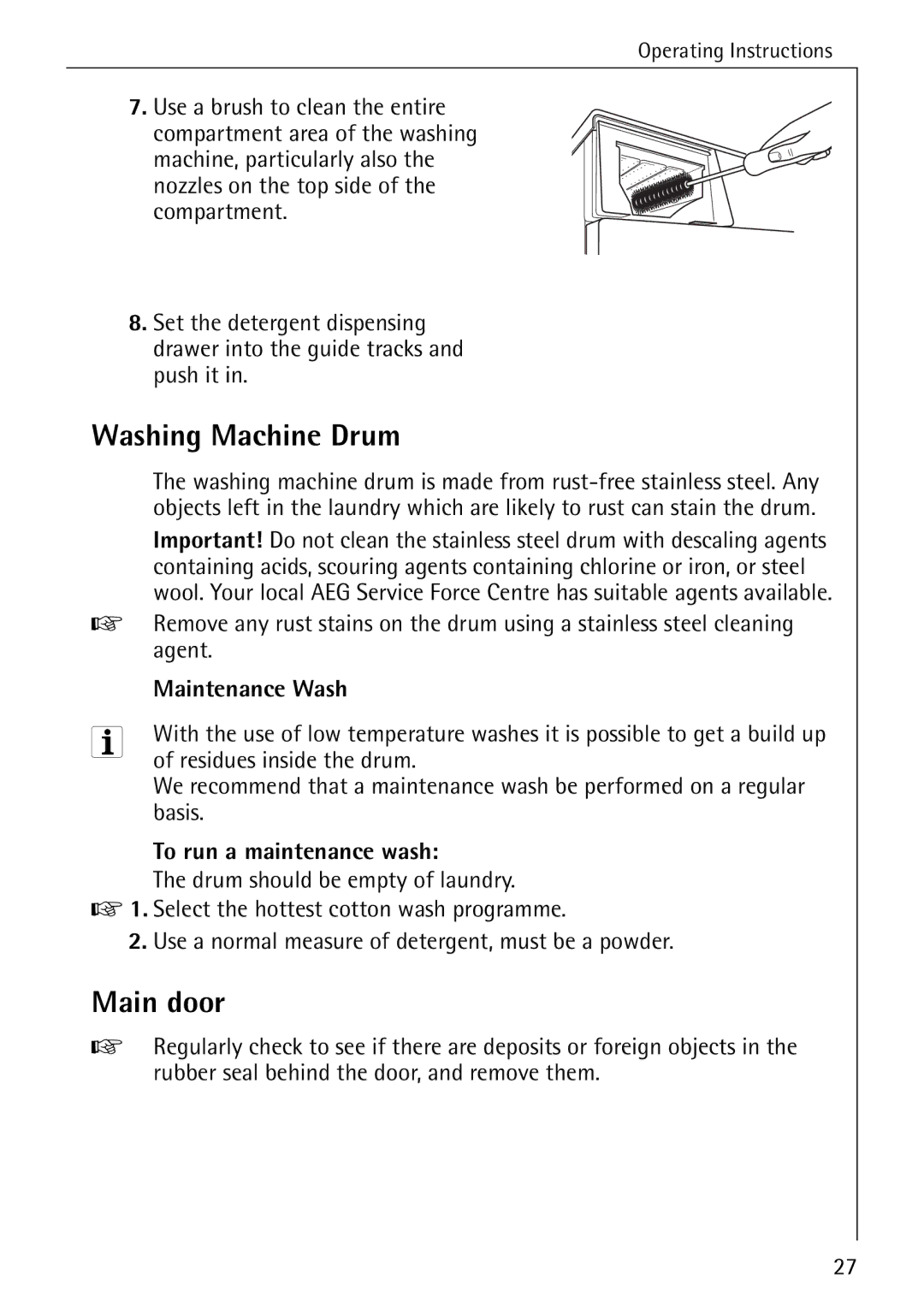 AEG 74335 manual Washing Machine Drum, Main door, Maintenance Wash, Residues inside the drum, To run a maintenance wash 