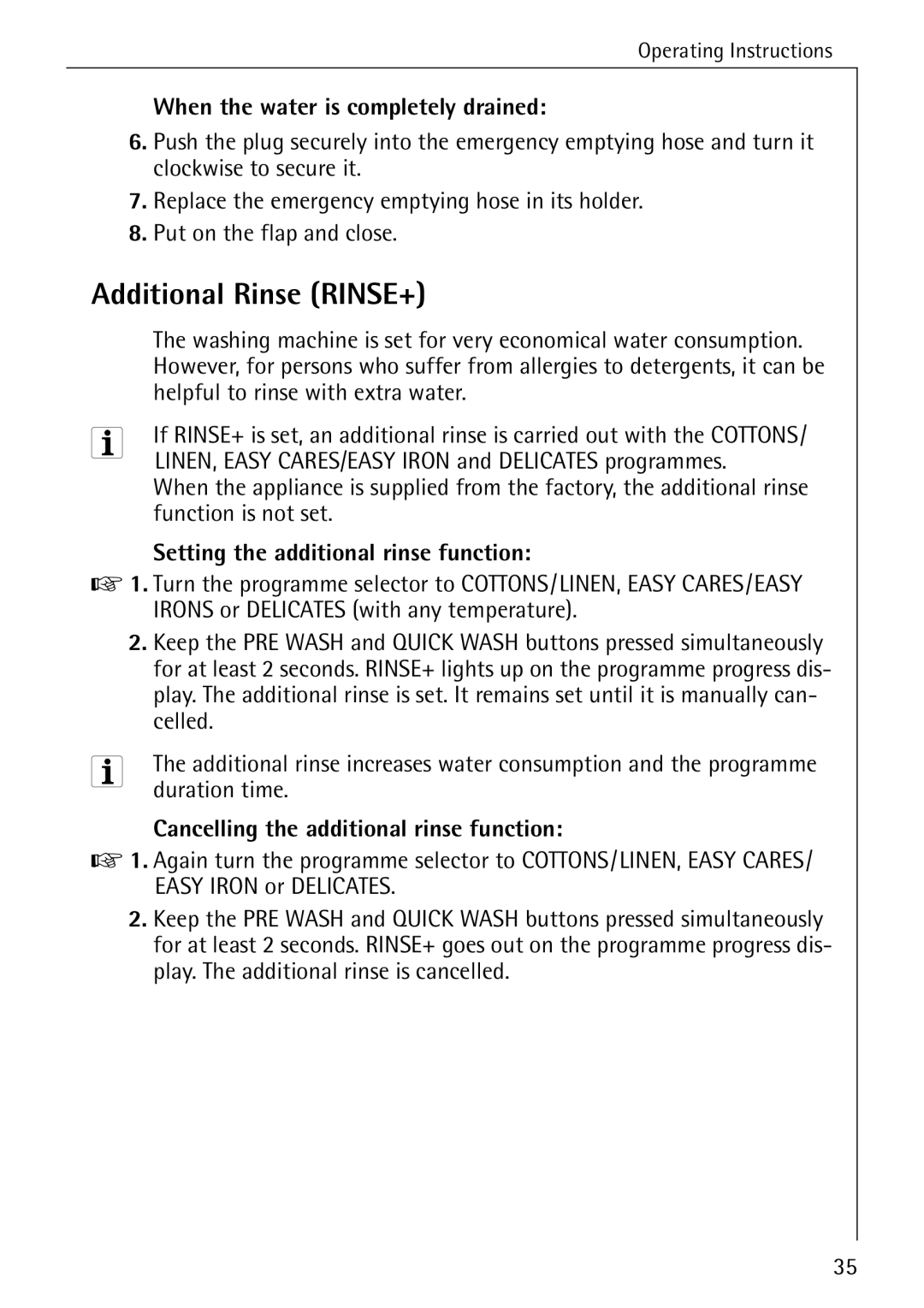 AEG 74335 manual Additional Rinse RINSE+, When the water is completely drained, Setting the additional rinse function 