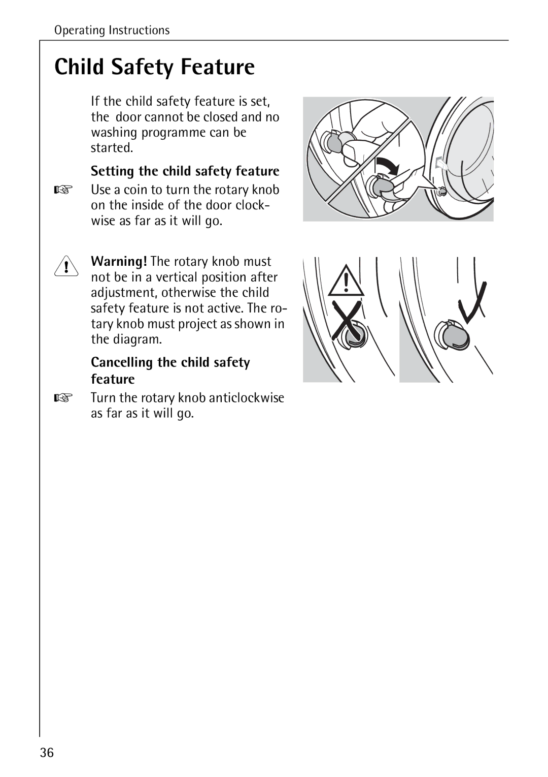 AEG 74335 manual Child Safety Feature, Setting the child safety feature, Cancelling the child safety feature 