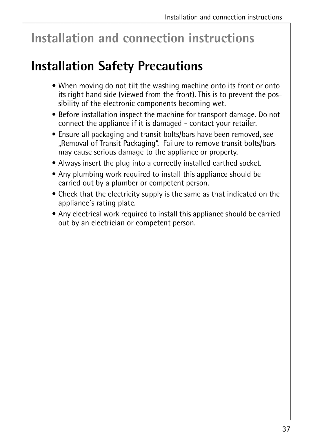 AEG 74335 manual Installation and connection instructions, Installation Safety Precautions 