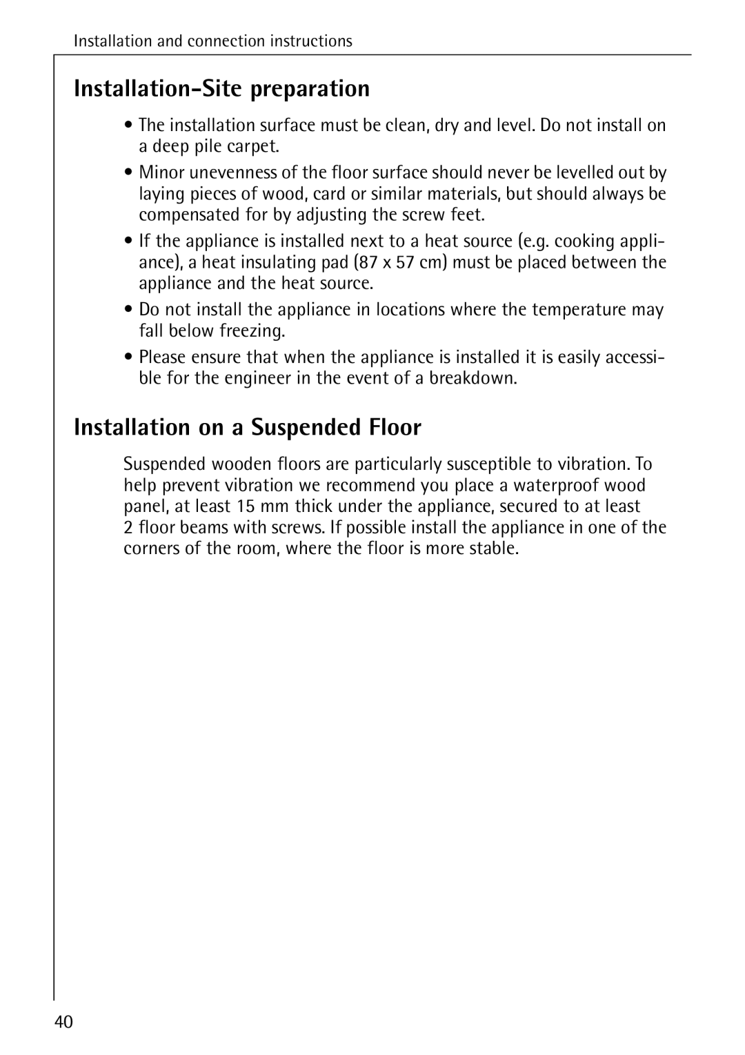 AEG 74335 manual Installation-Site preparation, Installation on a Suspended Floor 