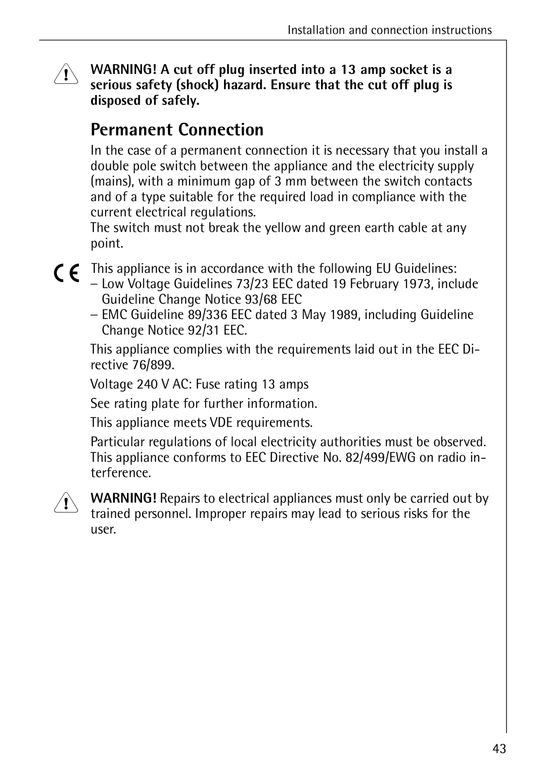 AEG 74335 manual Permanent Connection, Disposed of safely 