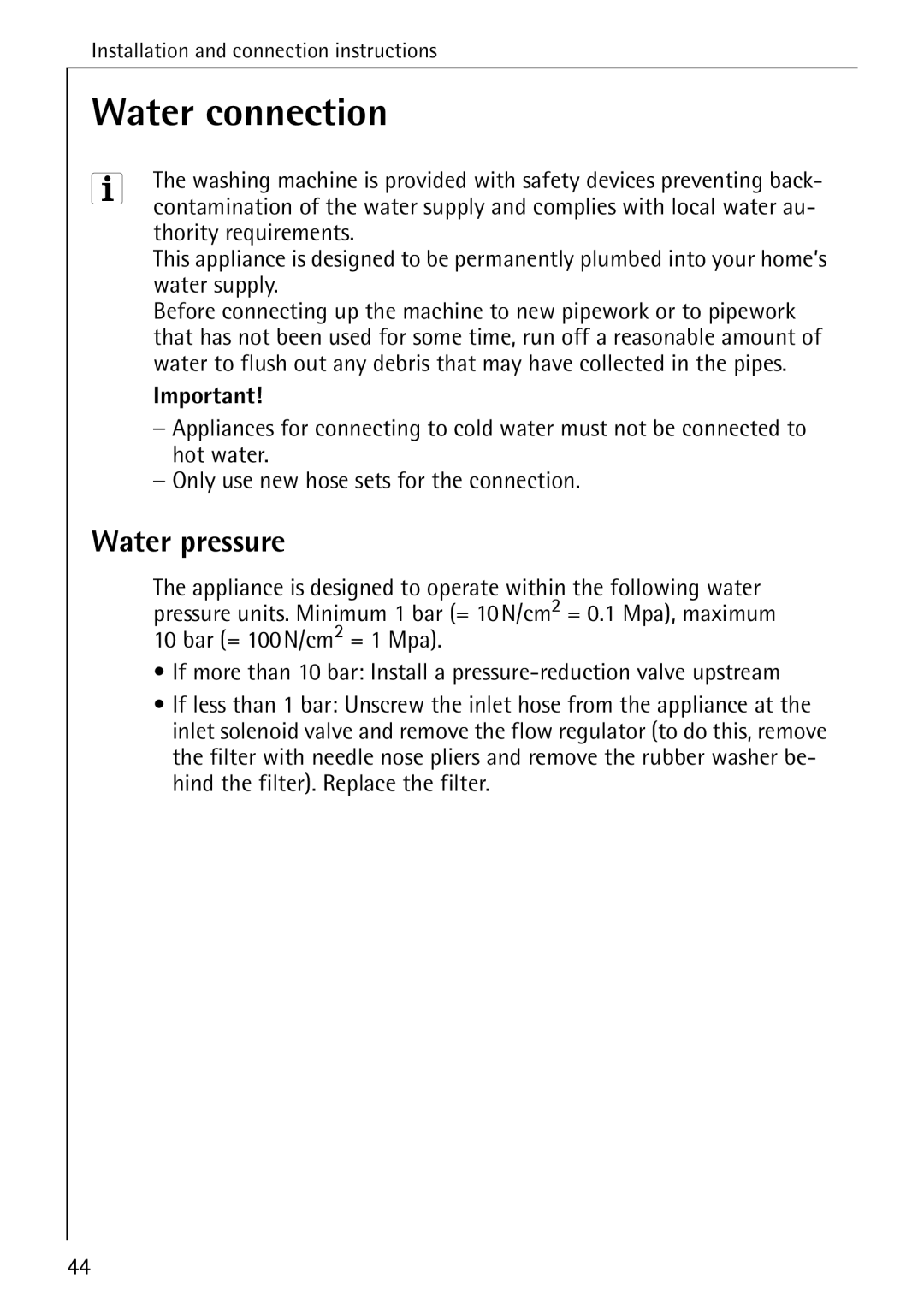 AEG 74335 manual Water connection, Water pressure 