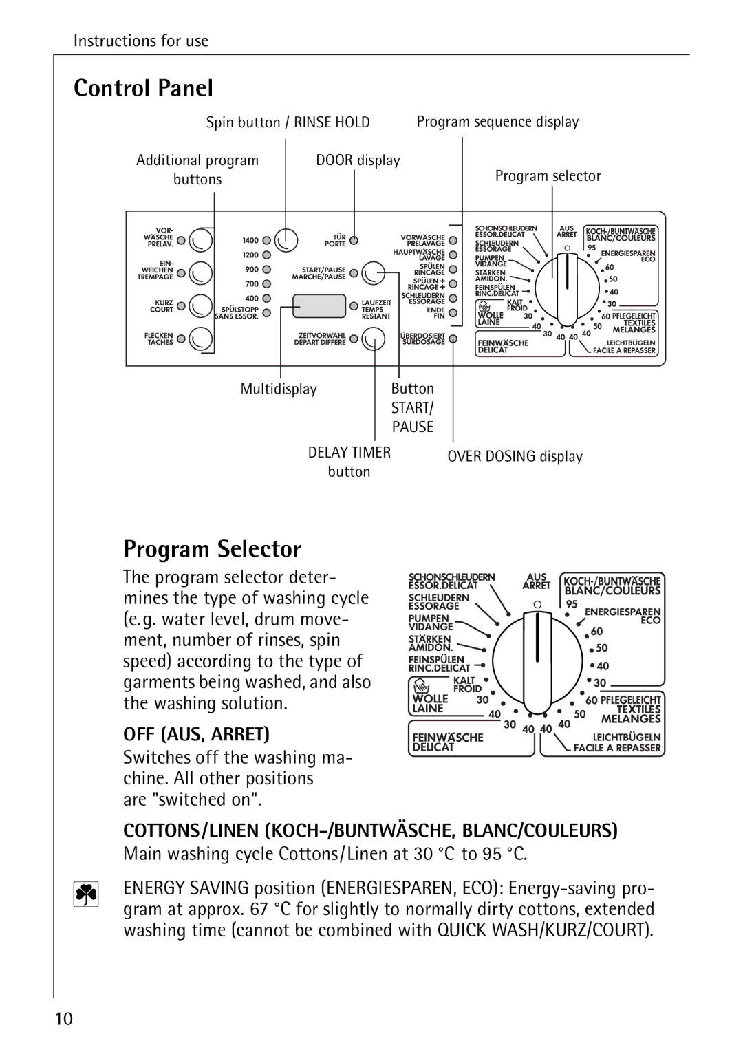 AEG 74740 manual Control Panel, Program Selector 