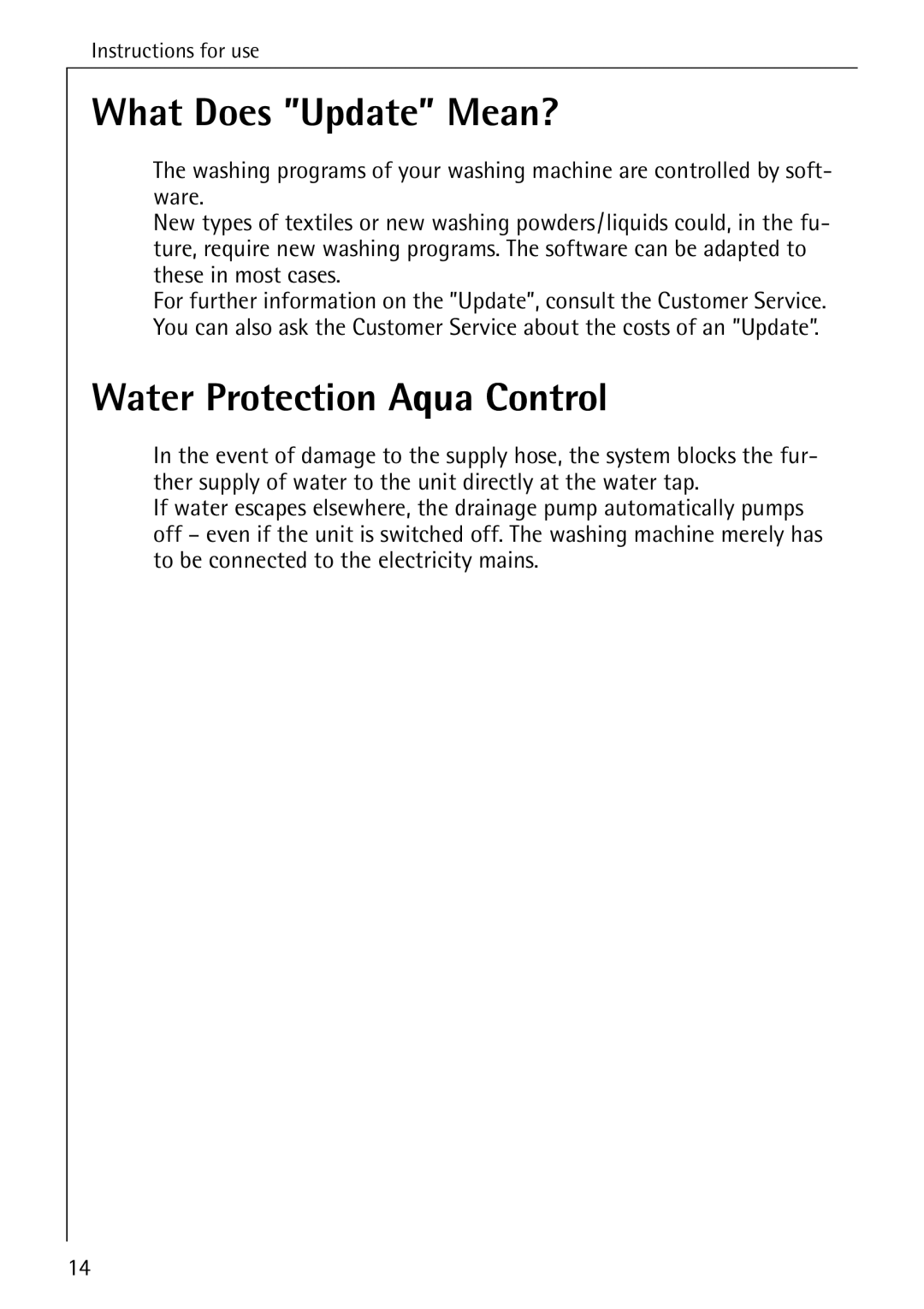 AEG 74740 manual What Does Update Mean?, Water Protection Aqua Control 