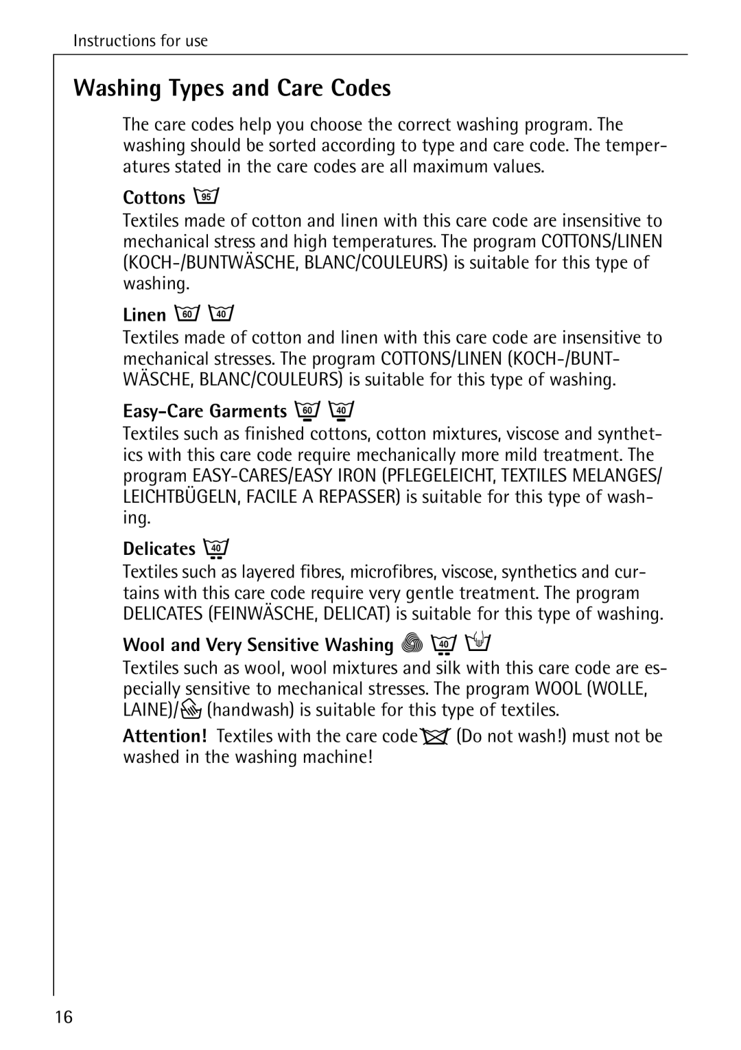 AEG 74740 manual Washing Types and Care Codes 