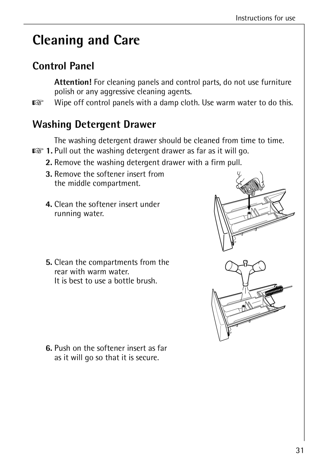 AEG 74740 manual Cleaning and Care, Washing Detergent Drawer 