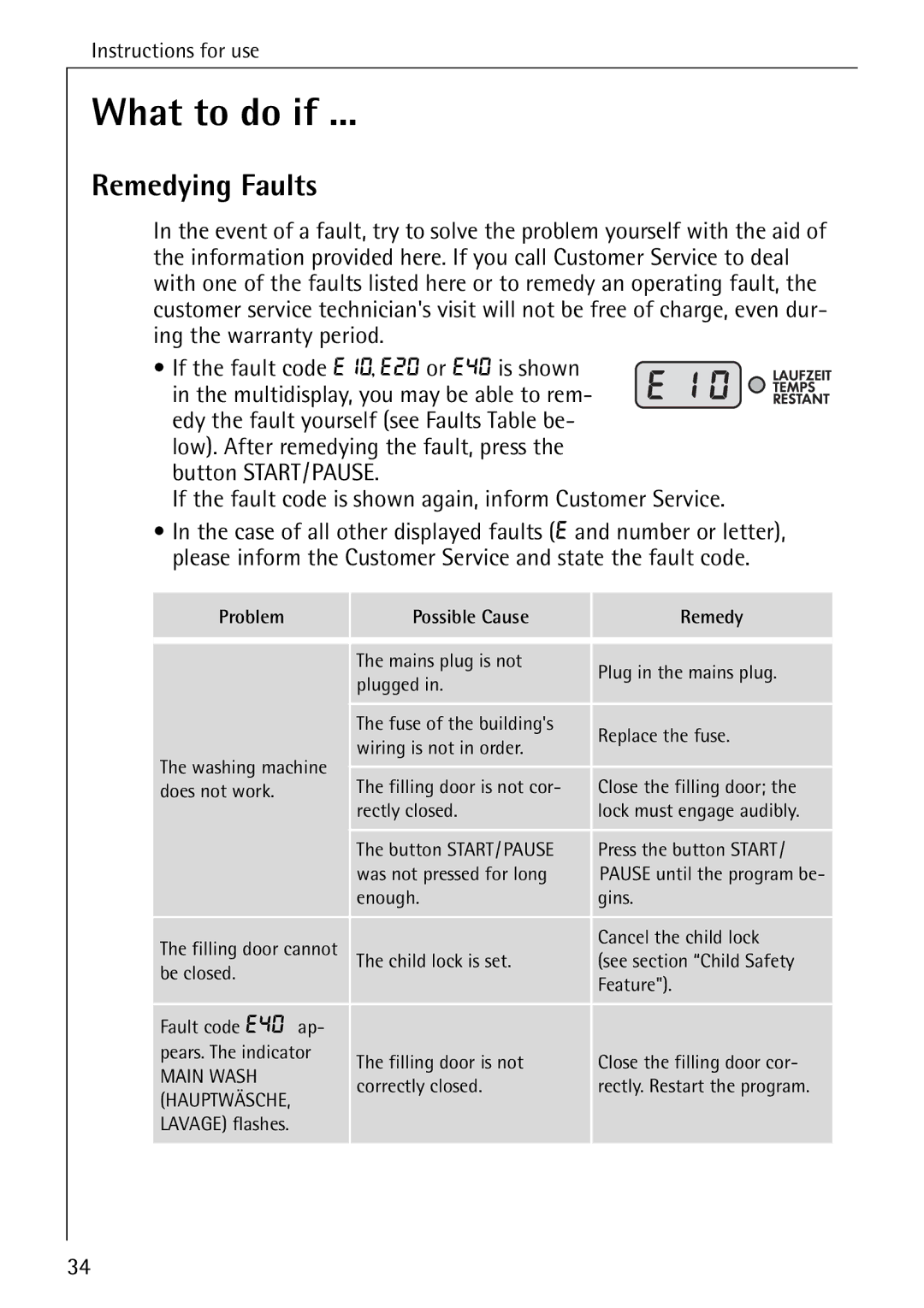 AEG 74740 manual What to do if, Remedying Faults 