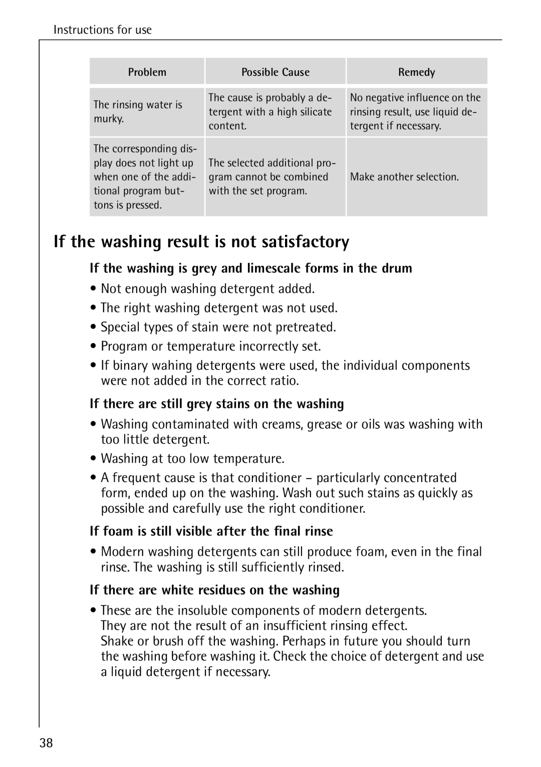 AEG 74740 manual If the washing result is not satisfactory, If the washing is grey and limescale forms in the drum 