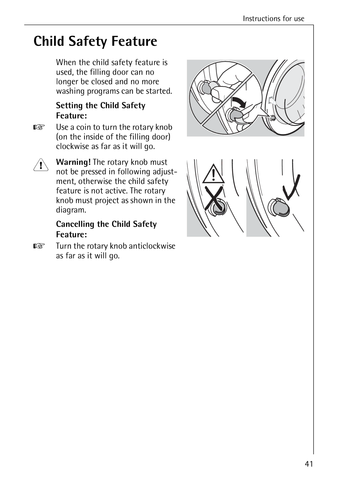 AEG 74740 manual Setting the Child Safety, Cancelling the Child Safety Feature 