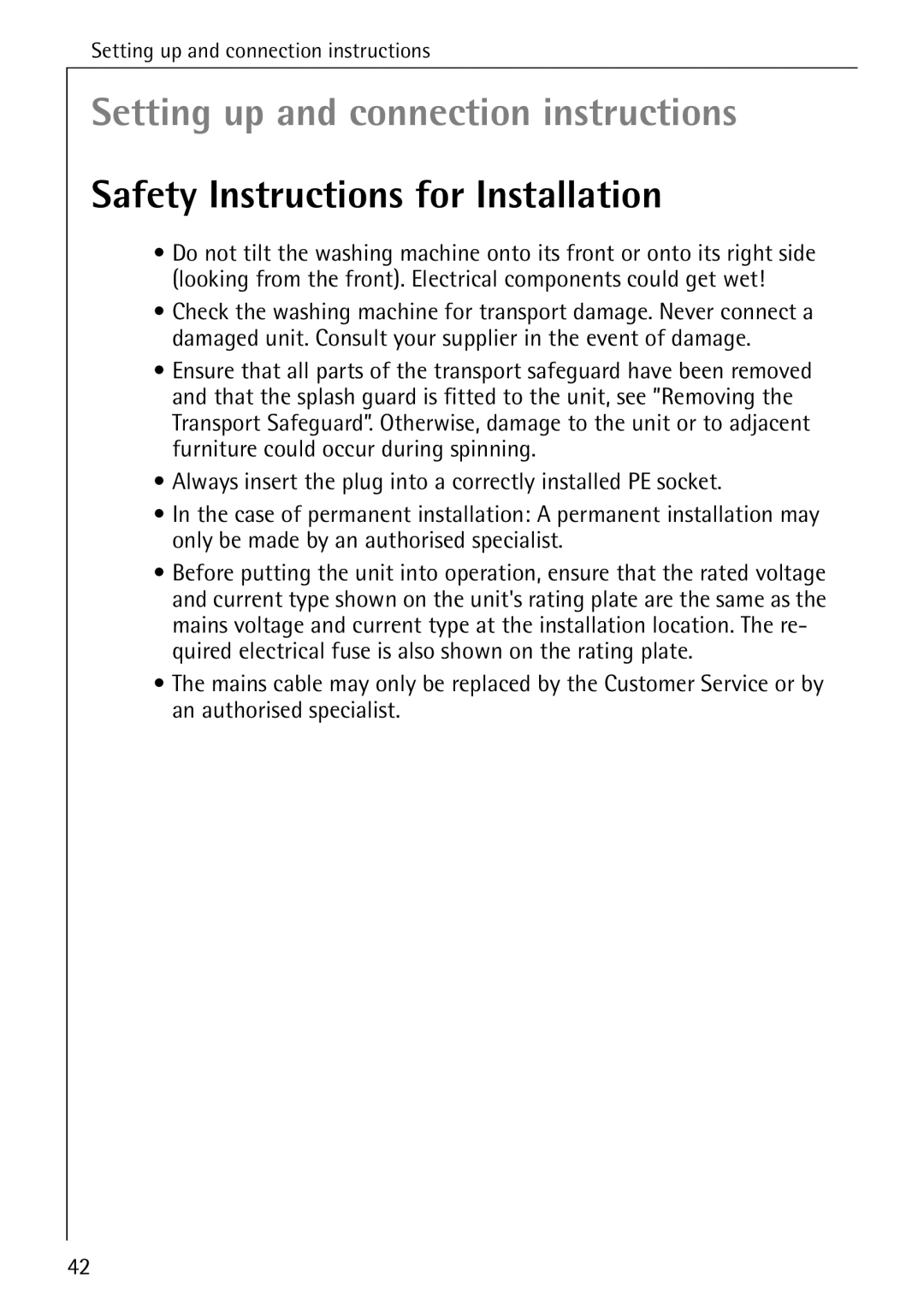 AEG 74740 manual Setting up and connection instructions, Safety Instructions for Installation 