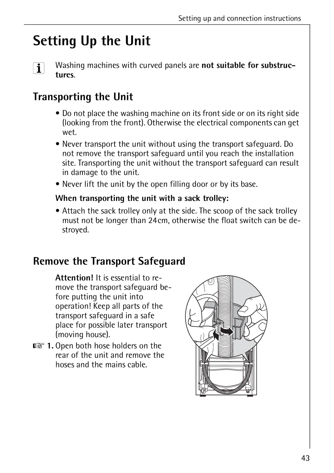 AEG 74740 manual Setting Up the Unit, Transporting the Unit, Remove the Transport Safeguard, Tures 