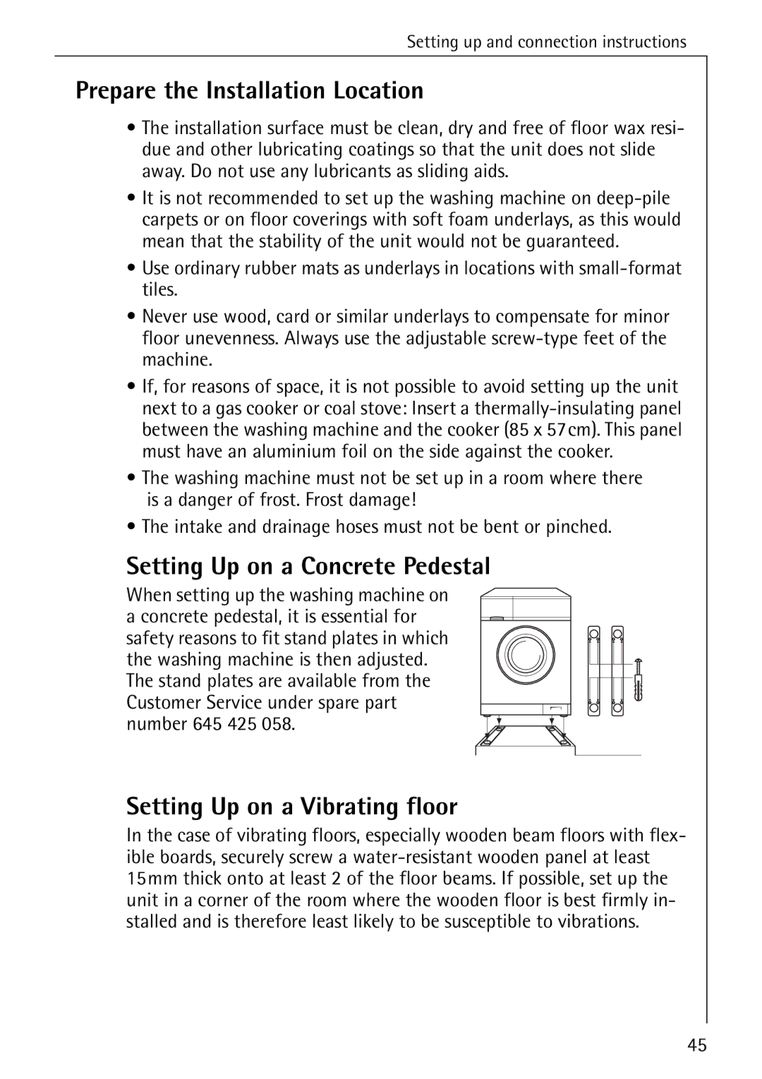 AEG 74740 manual Prepare the Installation Location, Setting Up on a Concrete Pedestal, Setting Up on a Vibrating floor 