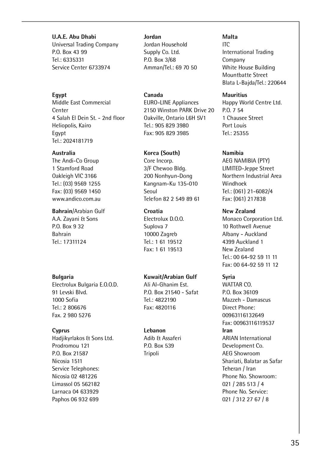 AEG 74800 manual E. Abu Dhabi Jordan Malta 