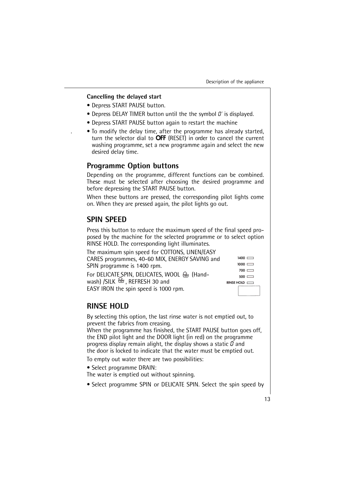 AEG 74900 manual Programme Option buttons, Cancelling the delayed start 