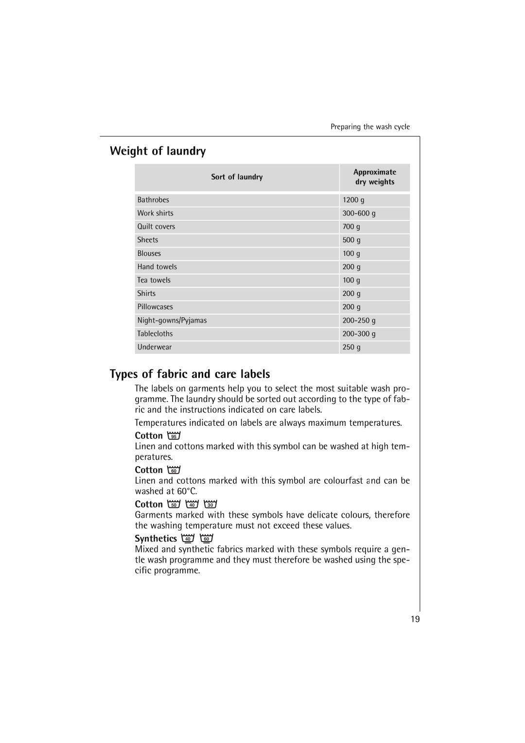 AEG 74900 manual Types of fabric and care labels, Cotton, Synthetics, Sort of laundry Approximate Dry weights 