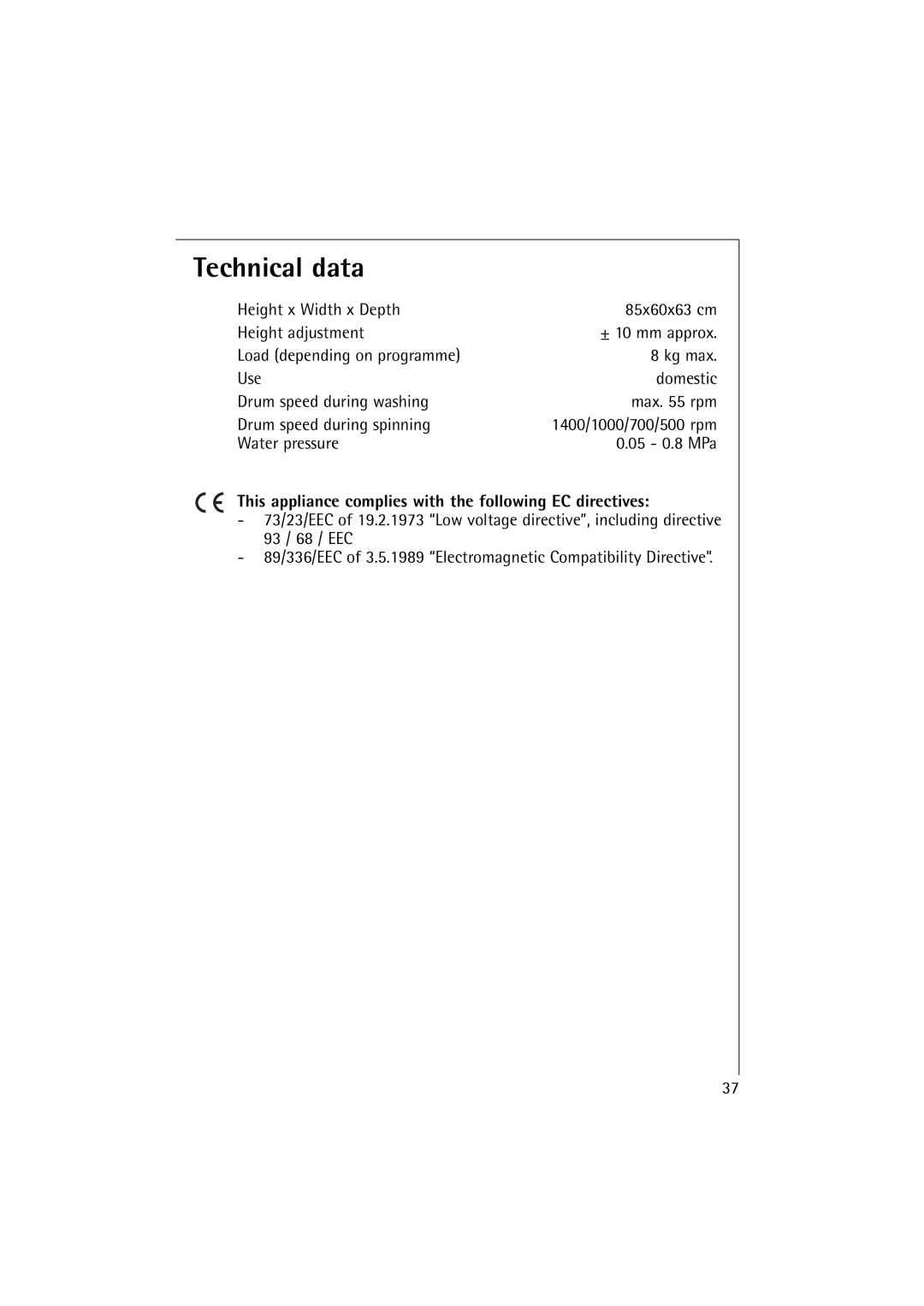 AEG 74900 manual Technical data, This appliance complies with the following EC directives 